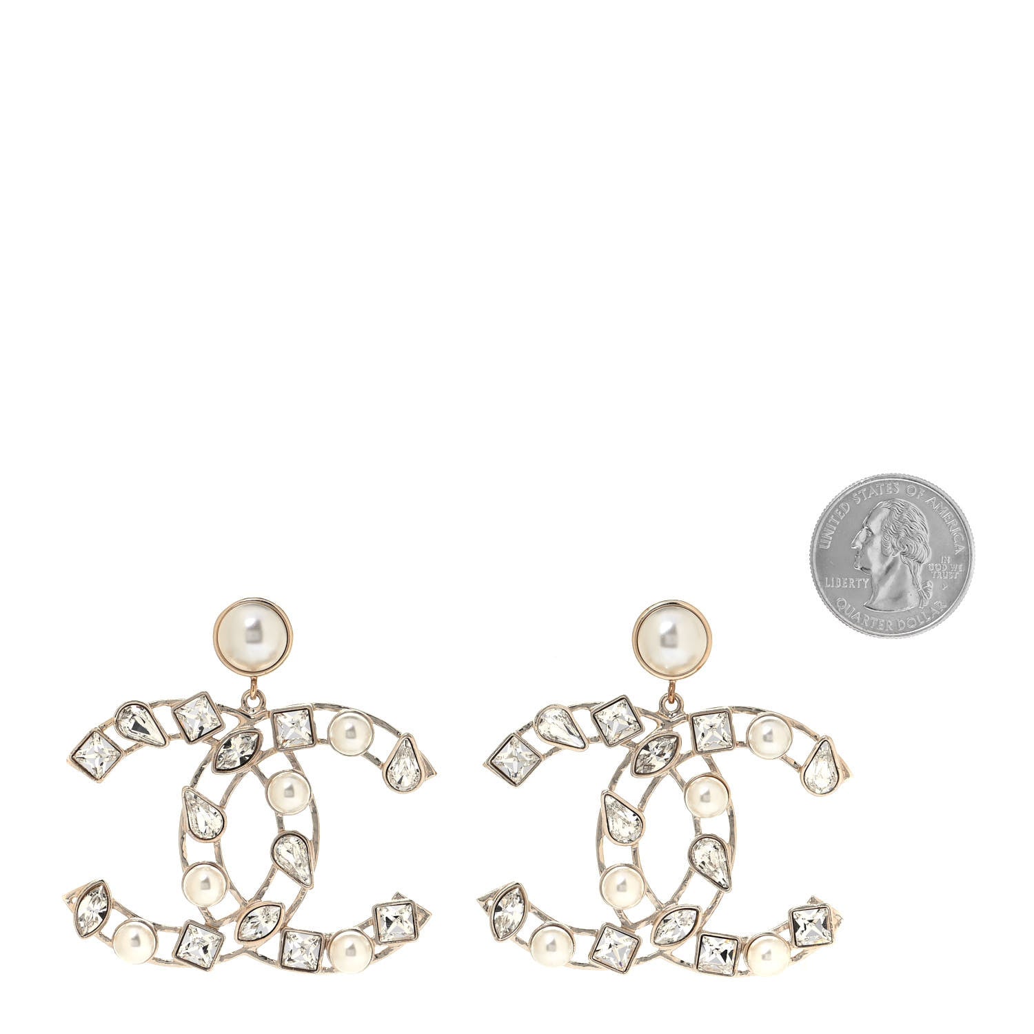 Chanel Metal Glass Pearl CC Crystal Snowfall CC Drop Earrings Light Gold 2 of 4