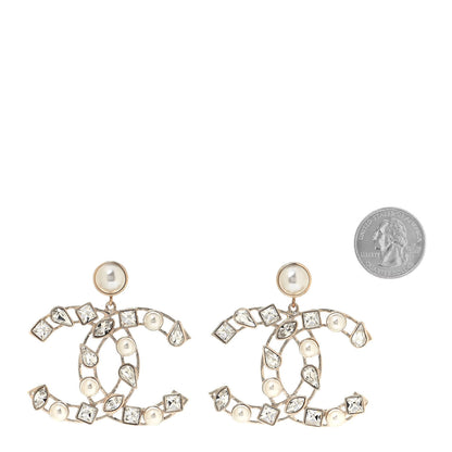 Chanel Metal Glass Pearl CC Crystal Snowfall CC Drop Earrings Light Gold 2 of 4