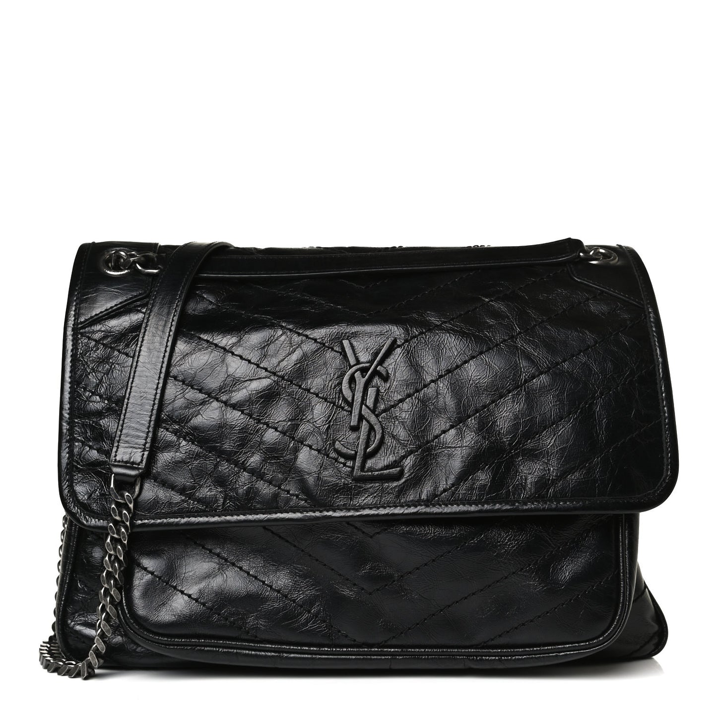 Crinkled Calfskin Matelasse Monogram Large Niki Chain Satchel Black