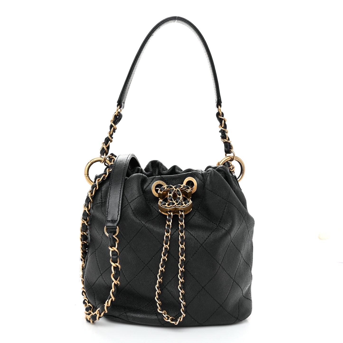 Lambskin Quilted Antique Signs Drawstring Bag Black