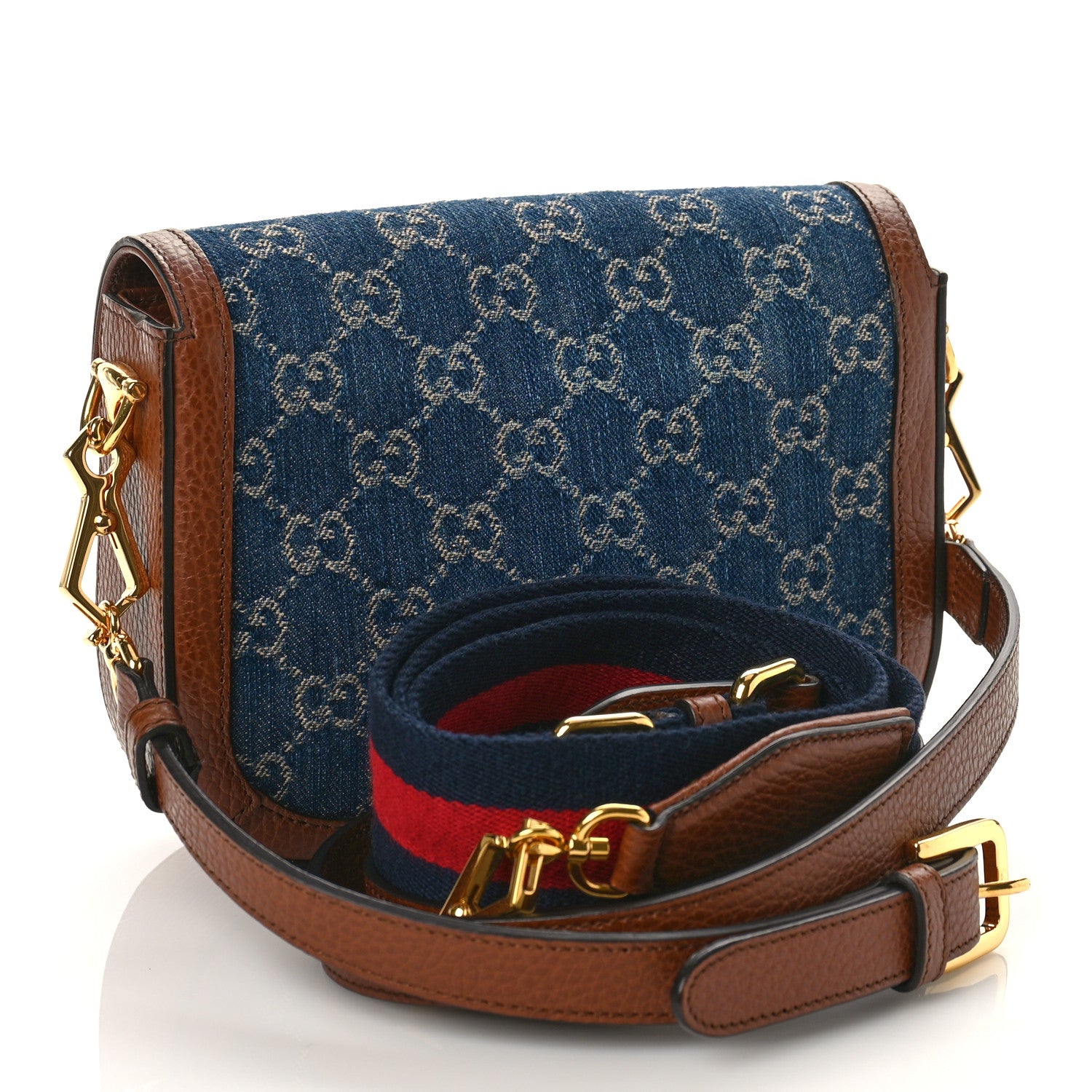 Gucci New Denim GG Monogram Dollar Calfskin Web Mini Horsebit 1955 Shoulder Bag Blue Tea Cuir Epilog 3 of 9