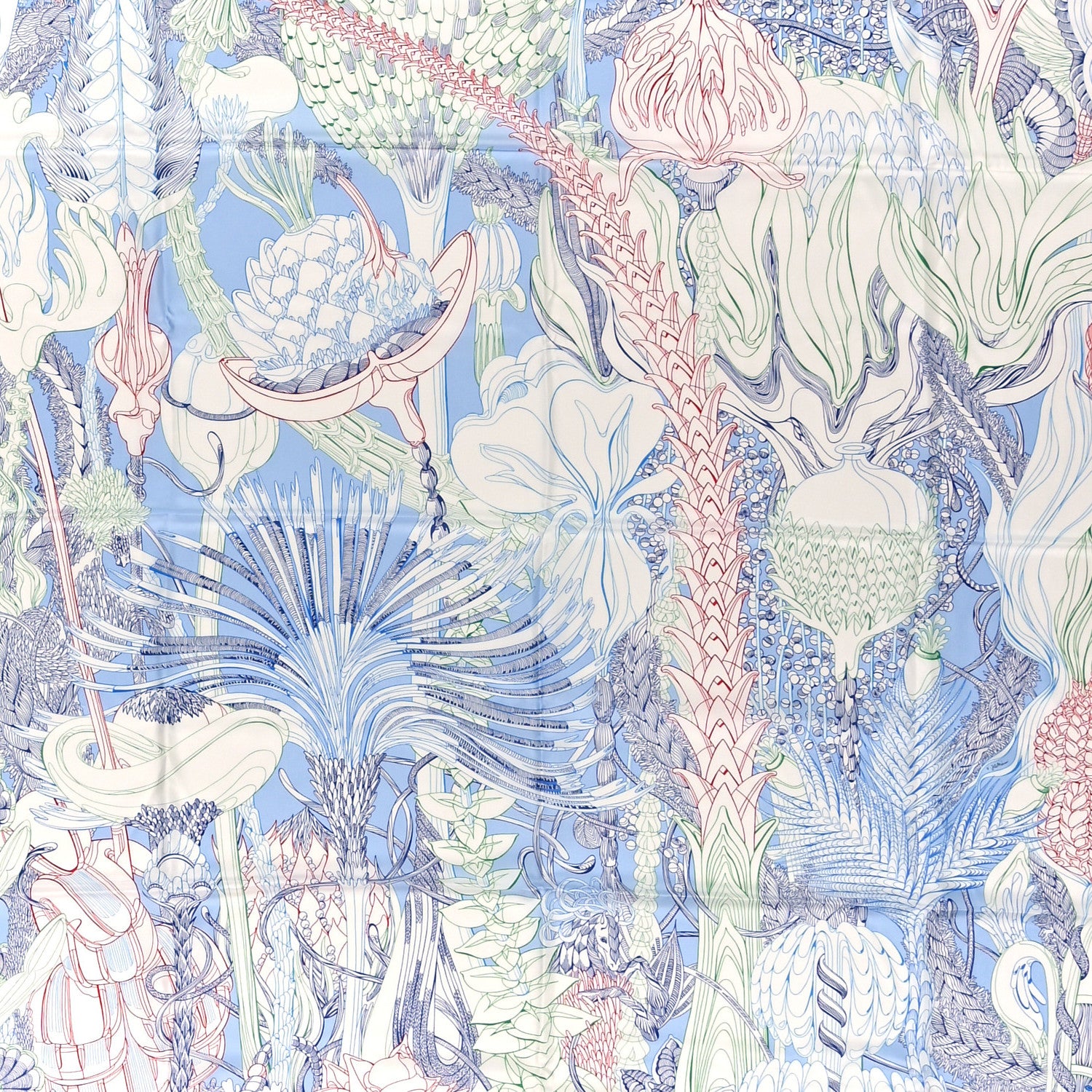 Hermes Silk Fantaisie Botanique Pocket Square Bleu Ciel White Rouge 4 of 5