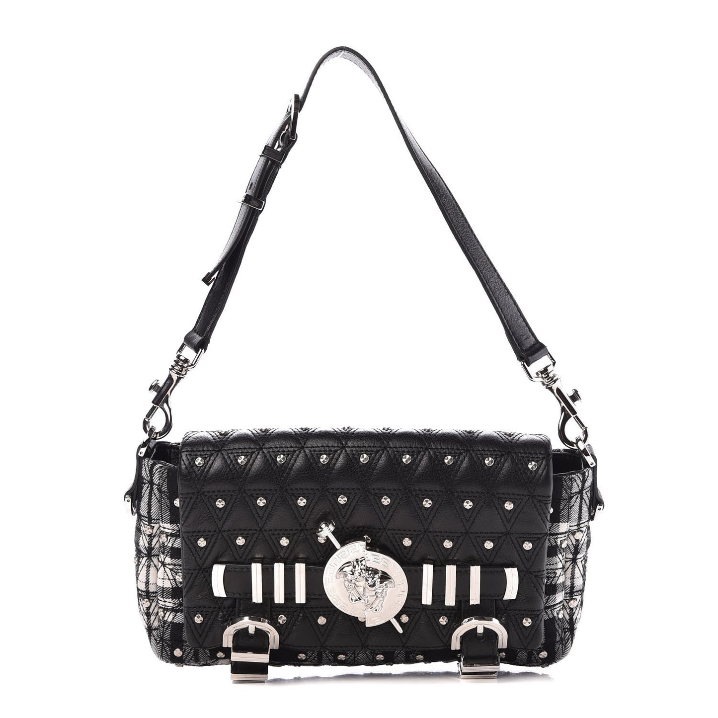 Calfskin Plaid Quilted Studded Shoulder Bag Black