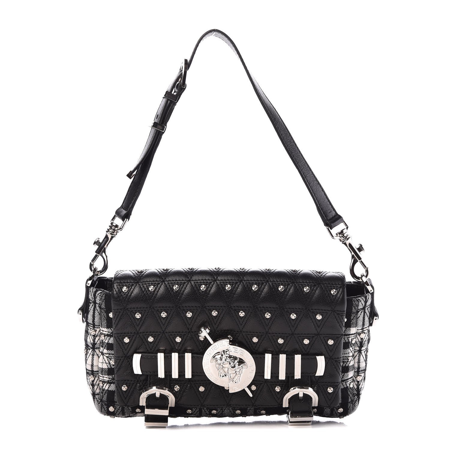 Versace Calfskin Plaid Quilted Studded Shoulder Bag Black 1 of 7