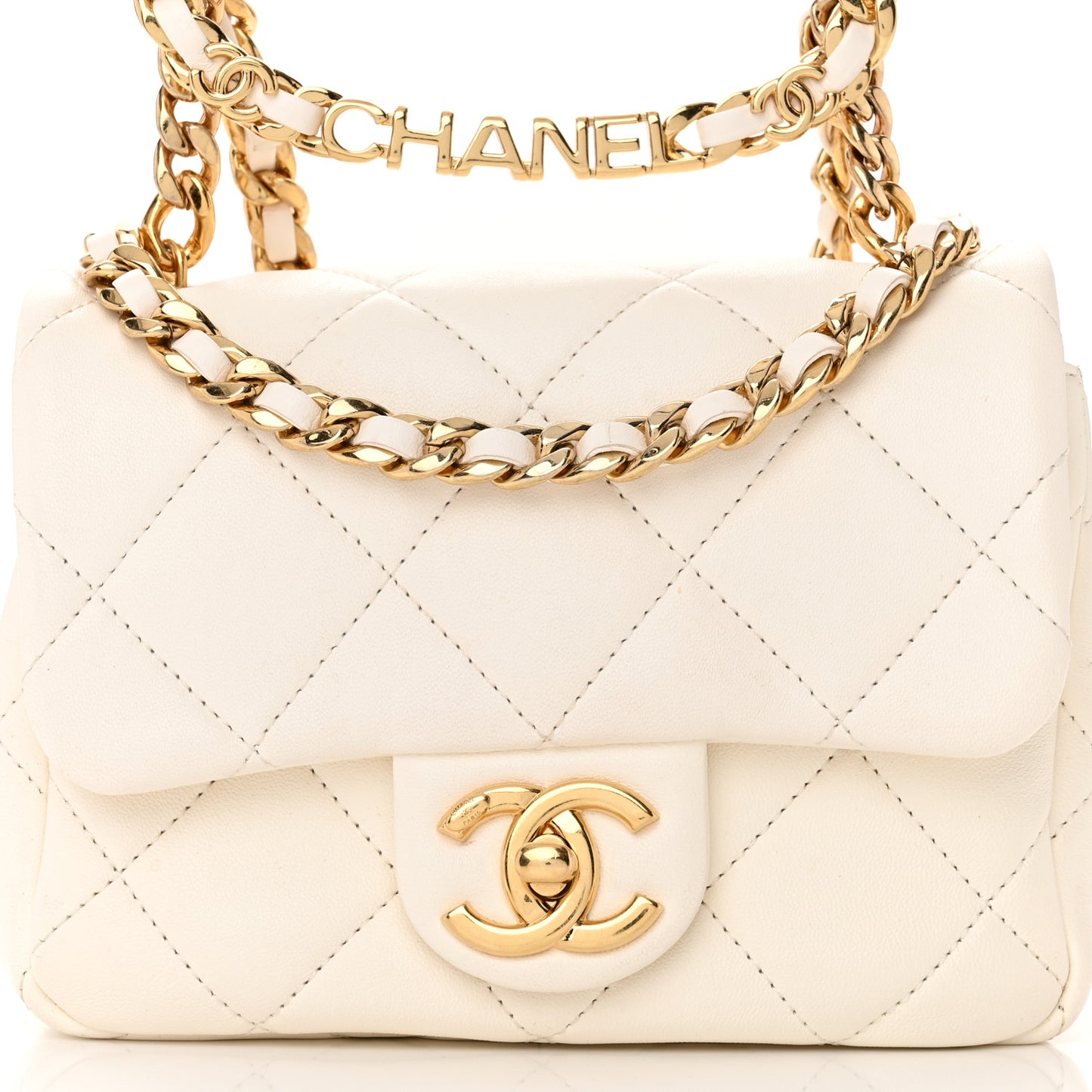 Lambskin Quilted Logo Mini Flap With Handle White