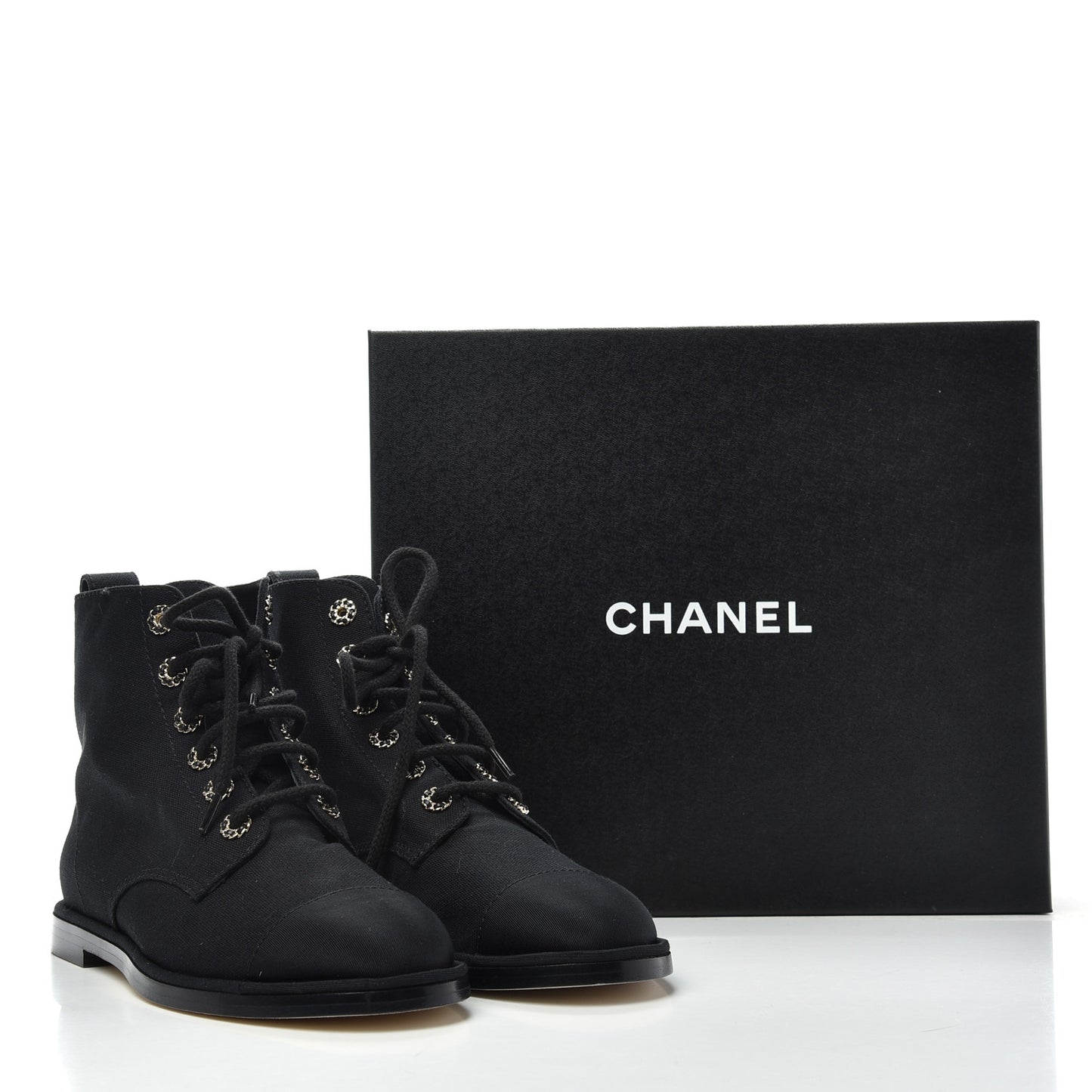Cotton Grosgrain Cap Toe CC Lace Up Boots 40 Black
