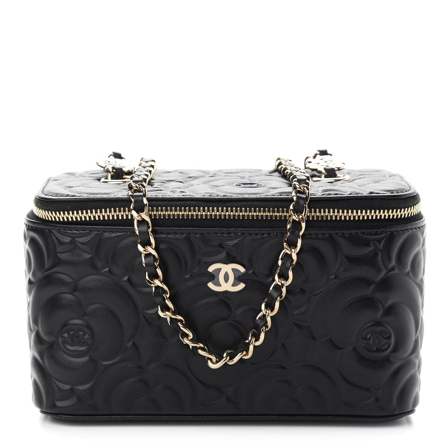 Lambskin Camellia Embossed Small Vanity Case With Chain Black