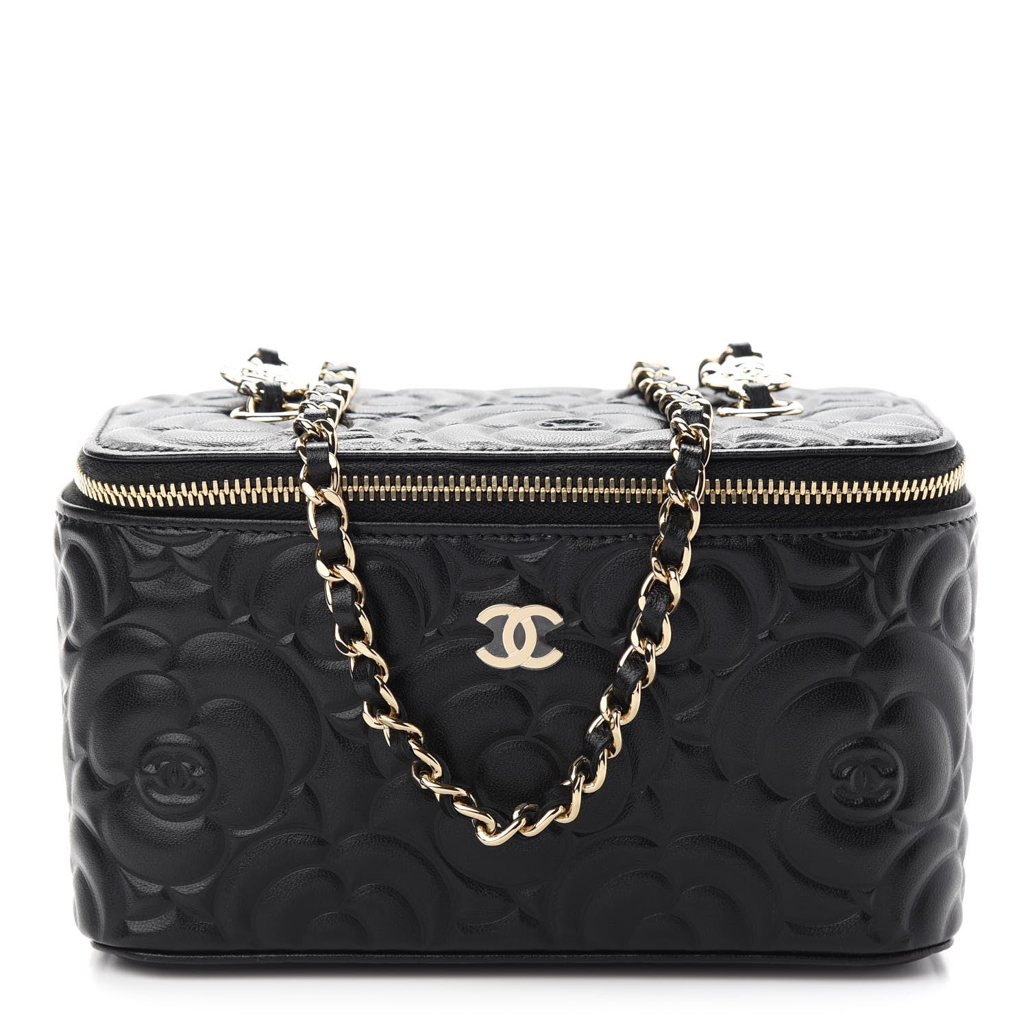 Chanel Lambskin Camellia Embossed Small Vanity Case With Chain Black 1 of 9