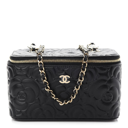 Chanel Lambskin Camellia Embossed Small Vanity Case With Chain Black 1 of 9