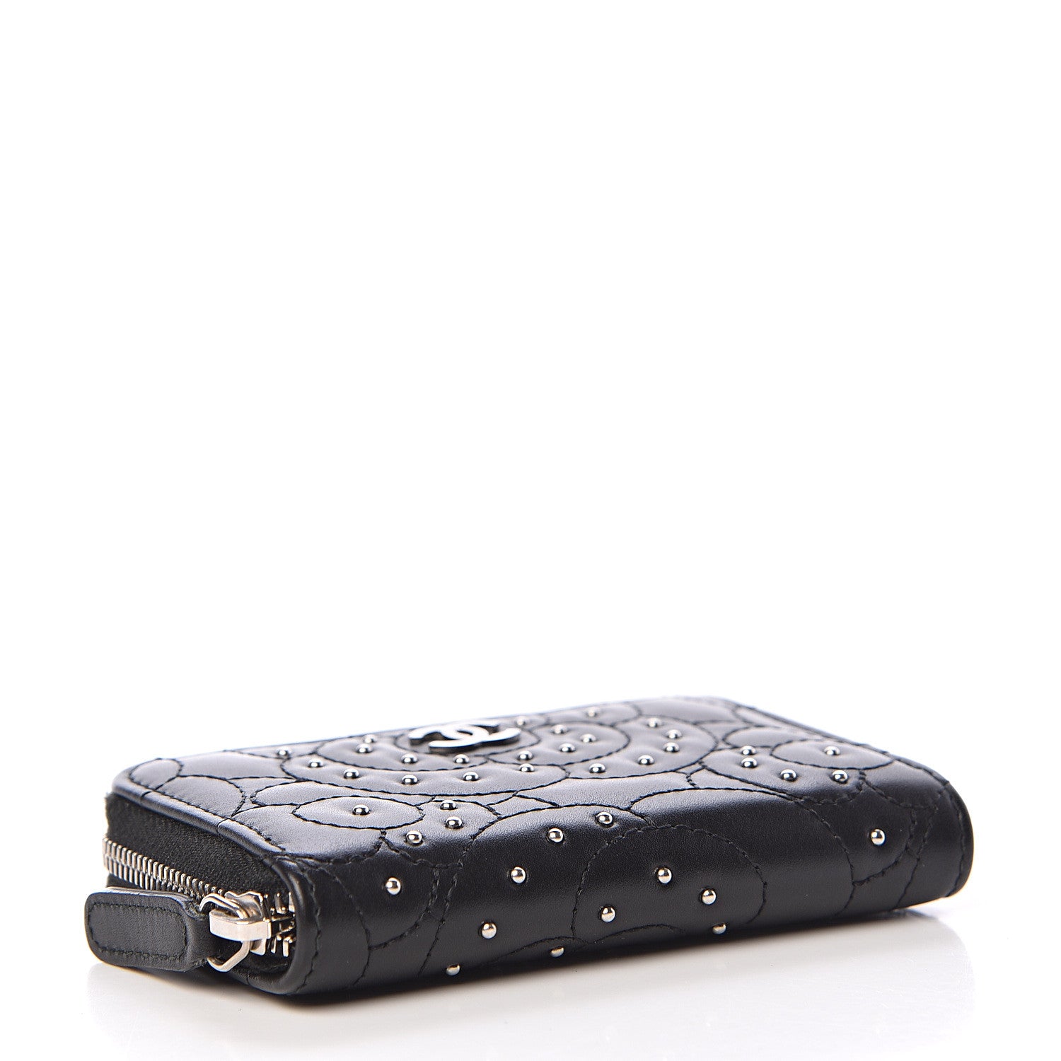 Chanel Lambskin Camellia Embossed Studded Zip Coin Purse Black 4 of 8