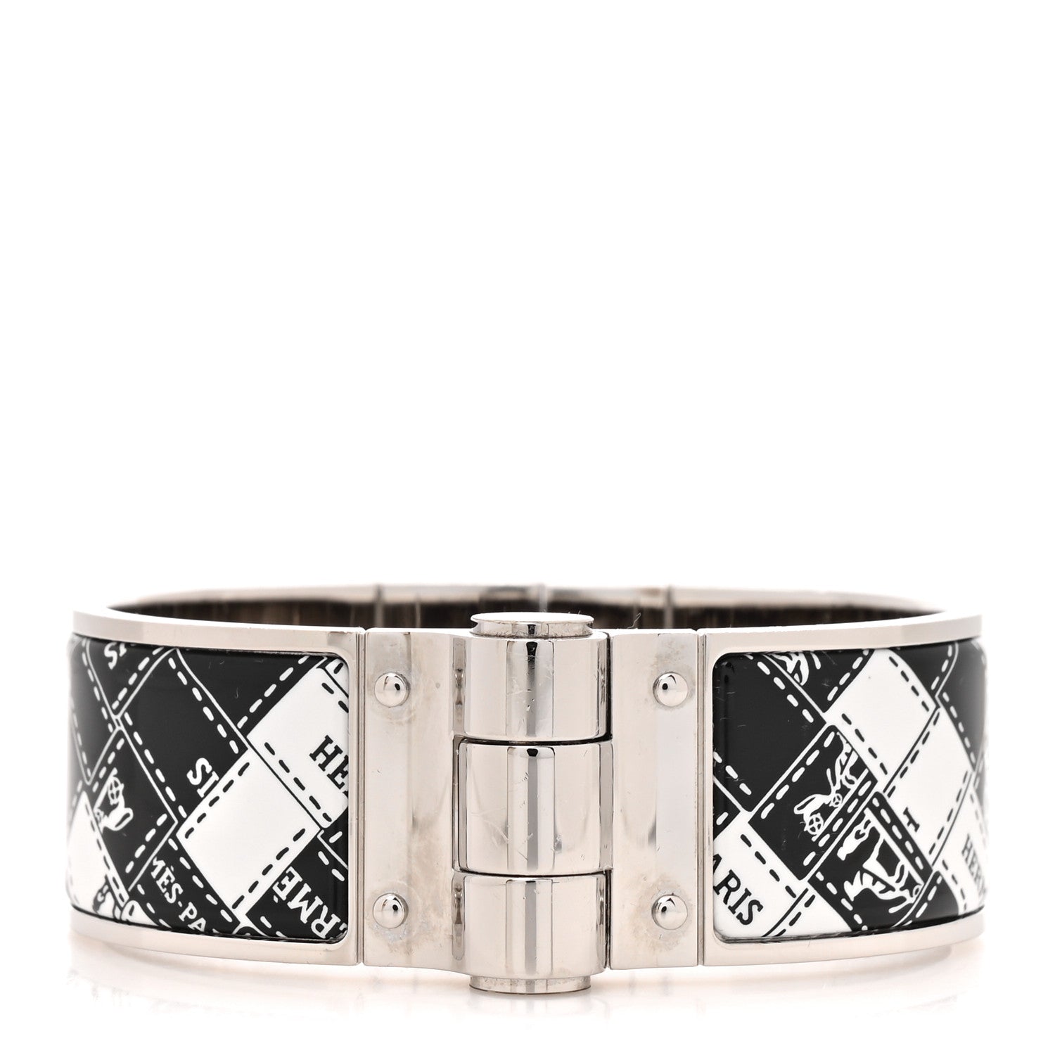 Hermes Enamel Printed Wide Bolduc Au Carre Hinged Bracelet Black White 1 of 4