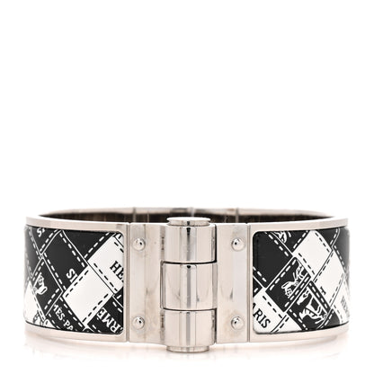Hermes Enamel Printed Wide Bolduc Au Carre Hinged Bracelet Black White 1 of 4