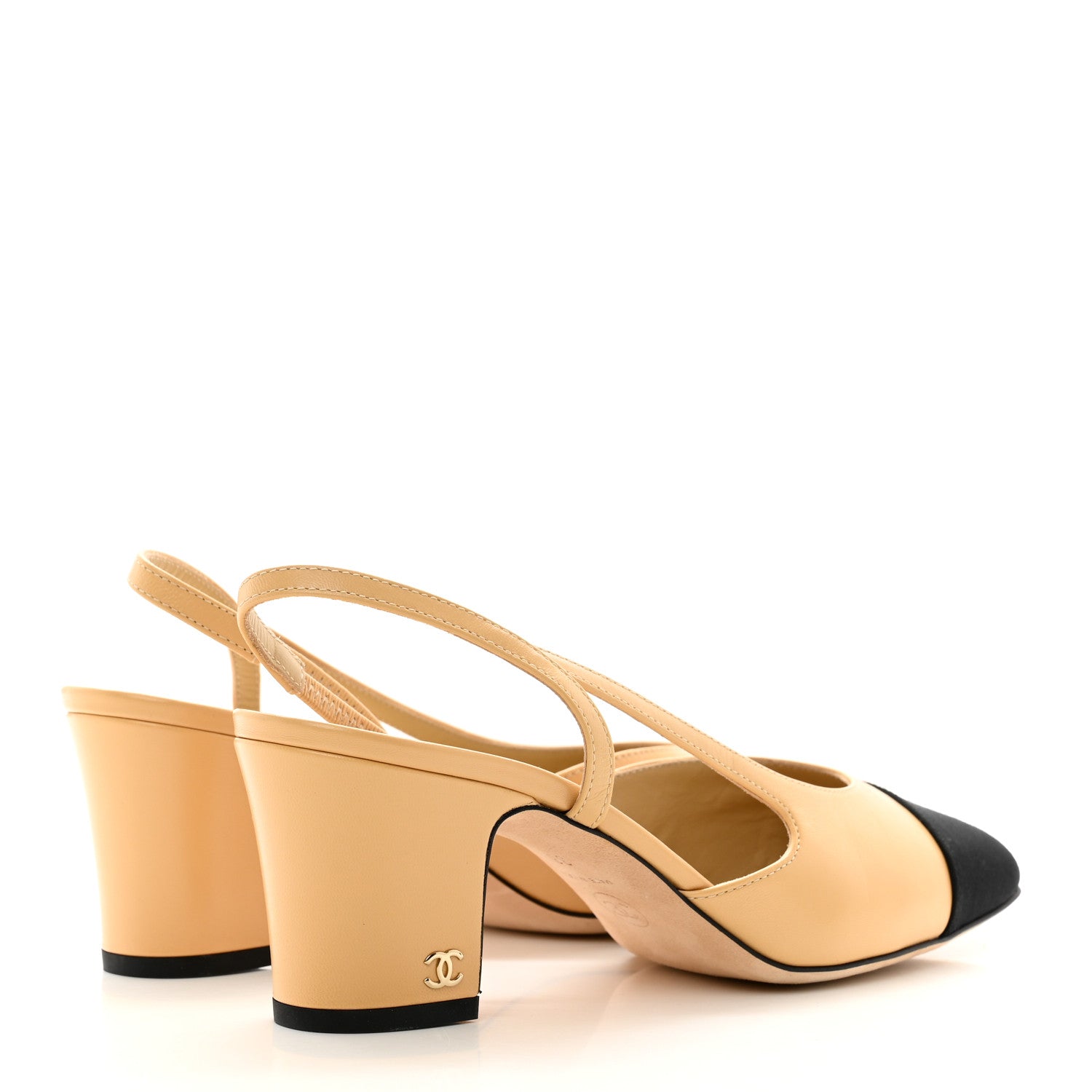 Chanel Goatskin Grosgrain Cap Toe CC Slingback Pumps 38 Beige Black 4 of 8