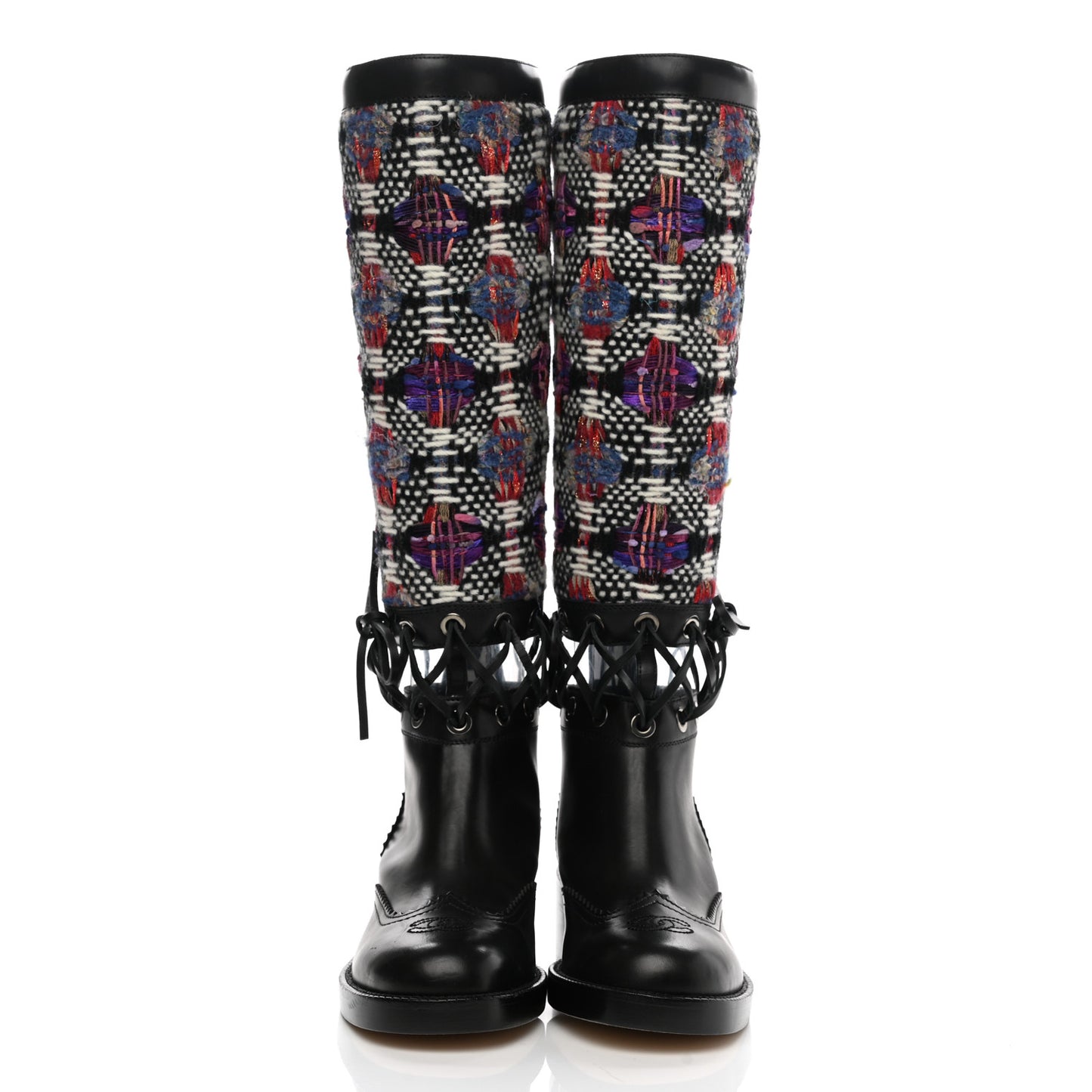Tweed Calfskin Lace Up Knee Boots 35 Black White Multicolor