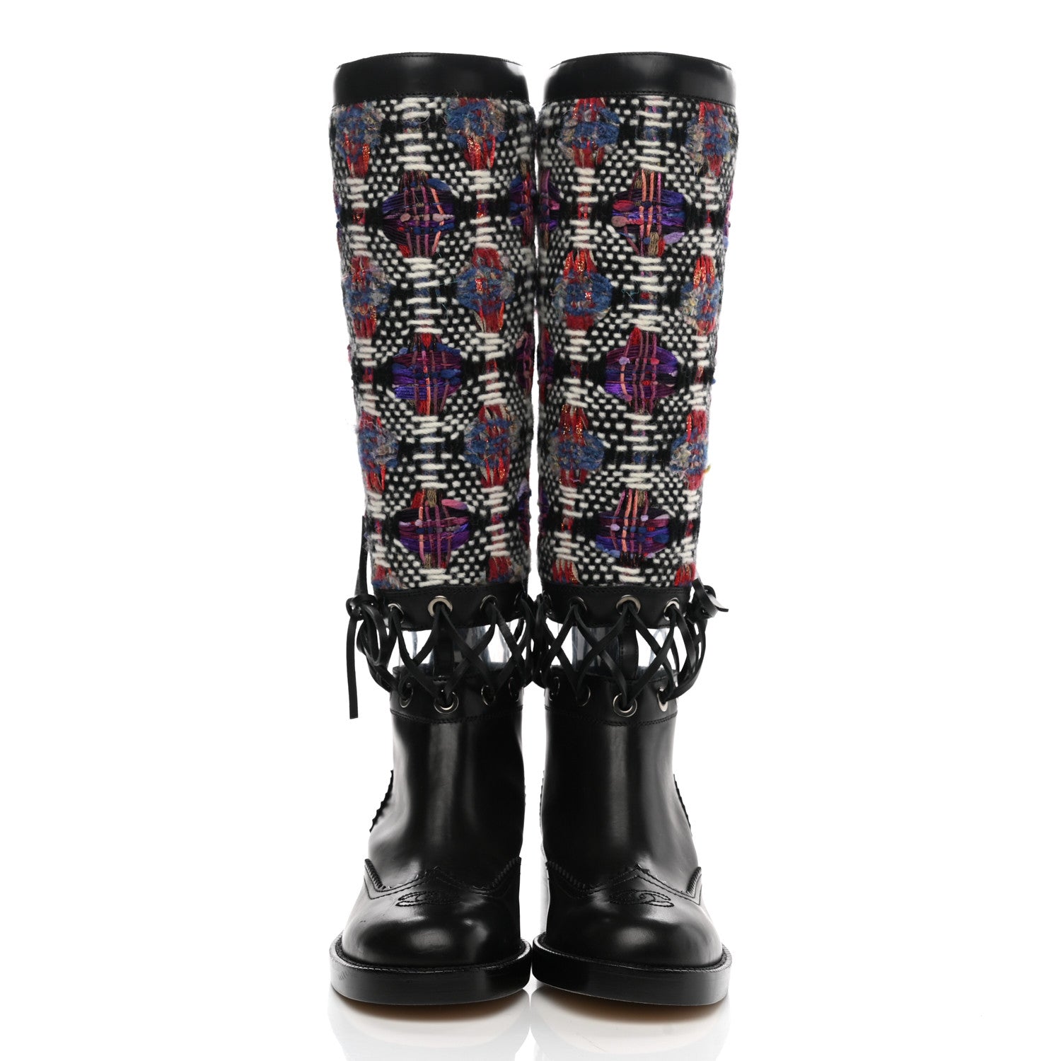 Chanel Tweed Calfskin Lace Up Knee Boots 35 Black White Multicolor 2 of 6