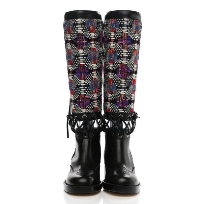 Chanel Tweed Calfskin Lace Up Knee Boots 35 Black White Multicolor 2 of 6