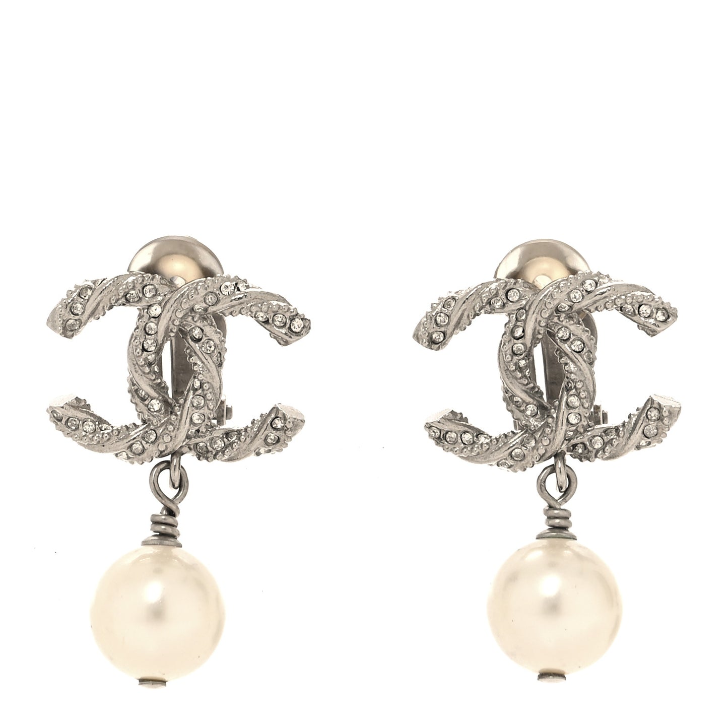 Pearl Crystal CC Drop Clip On Earrings Silver Pearly White