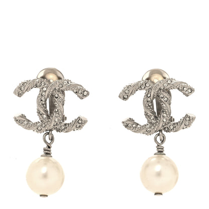 Chanel Pearl Crystal CC Drop Clip On Earrings Silver Pearly White 1 of 5