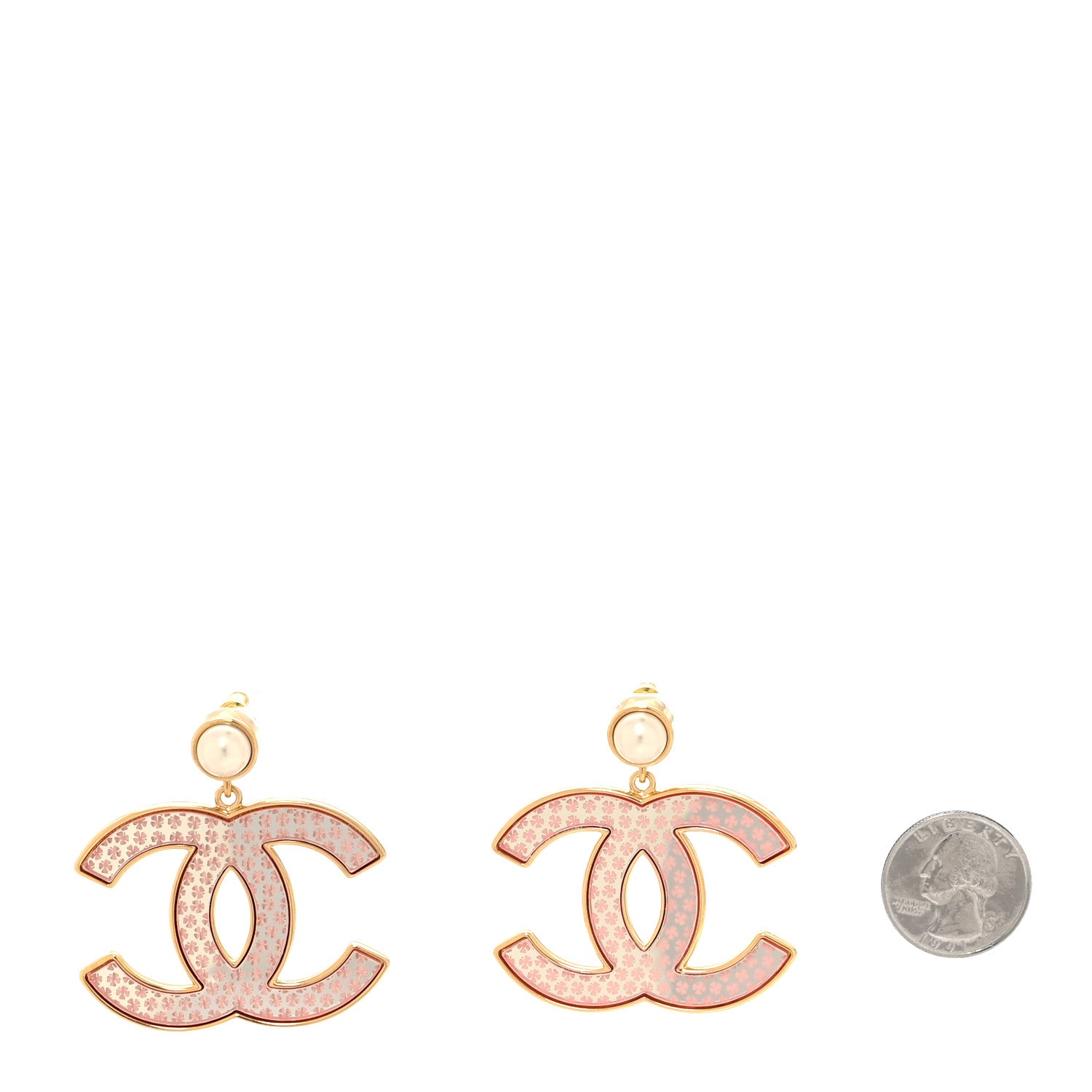 Chanel Mirror Pearl CC Drop Earrings Gold Pink 2 of 5