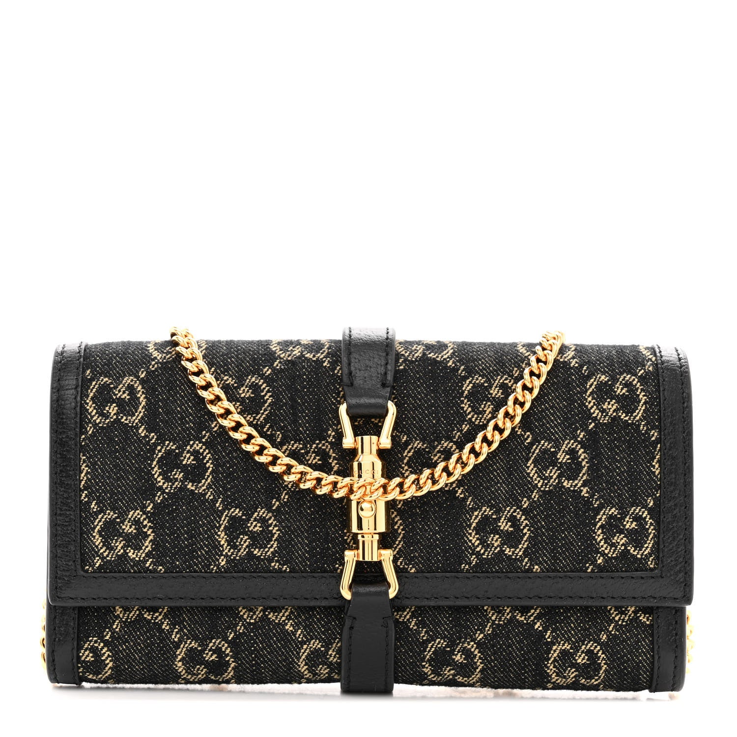 Gucci Jacquard Black Denim GG Monogram Textured Dollar Calfskin Jackie 1961 Chain Wallet Black Ivory 1 of 10