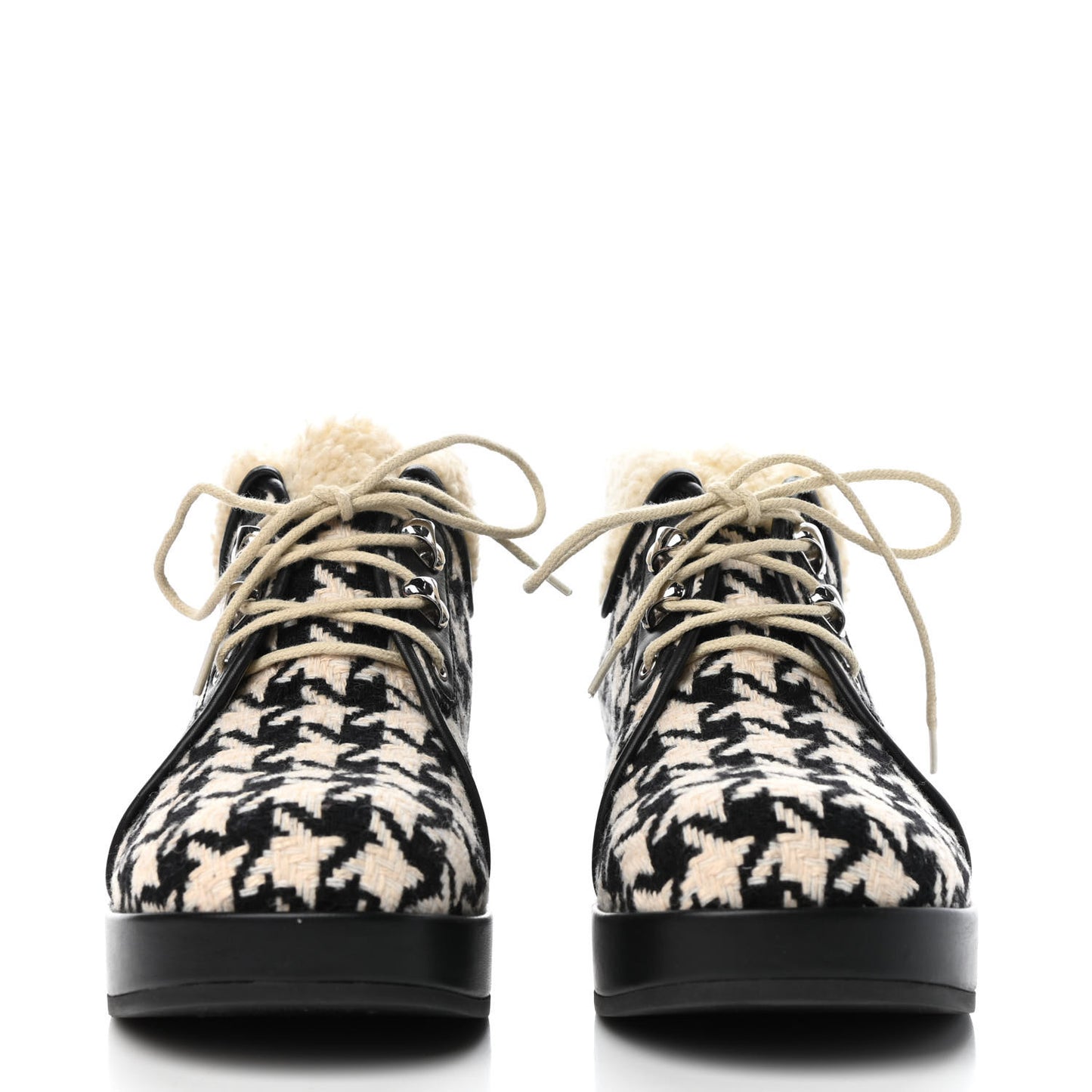 Optical Tweed Faux Shearling Houndstooth Victor Lace Up Ankle Boots 36 White Black
