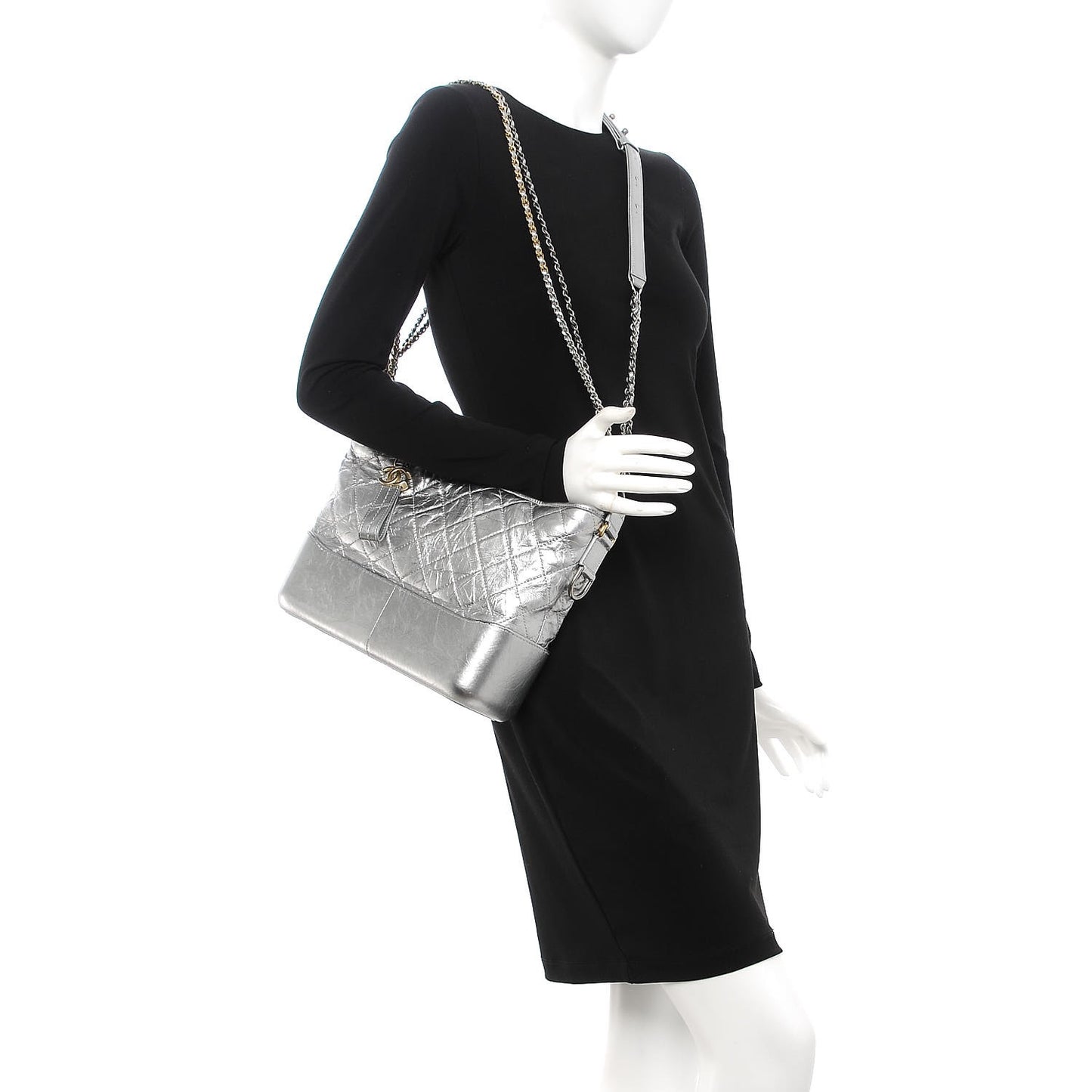 Metallic Aged Calfskin Quilted Medium Gabrielle Silver