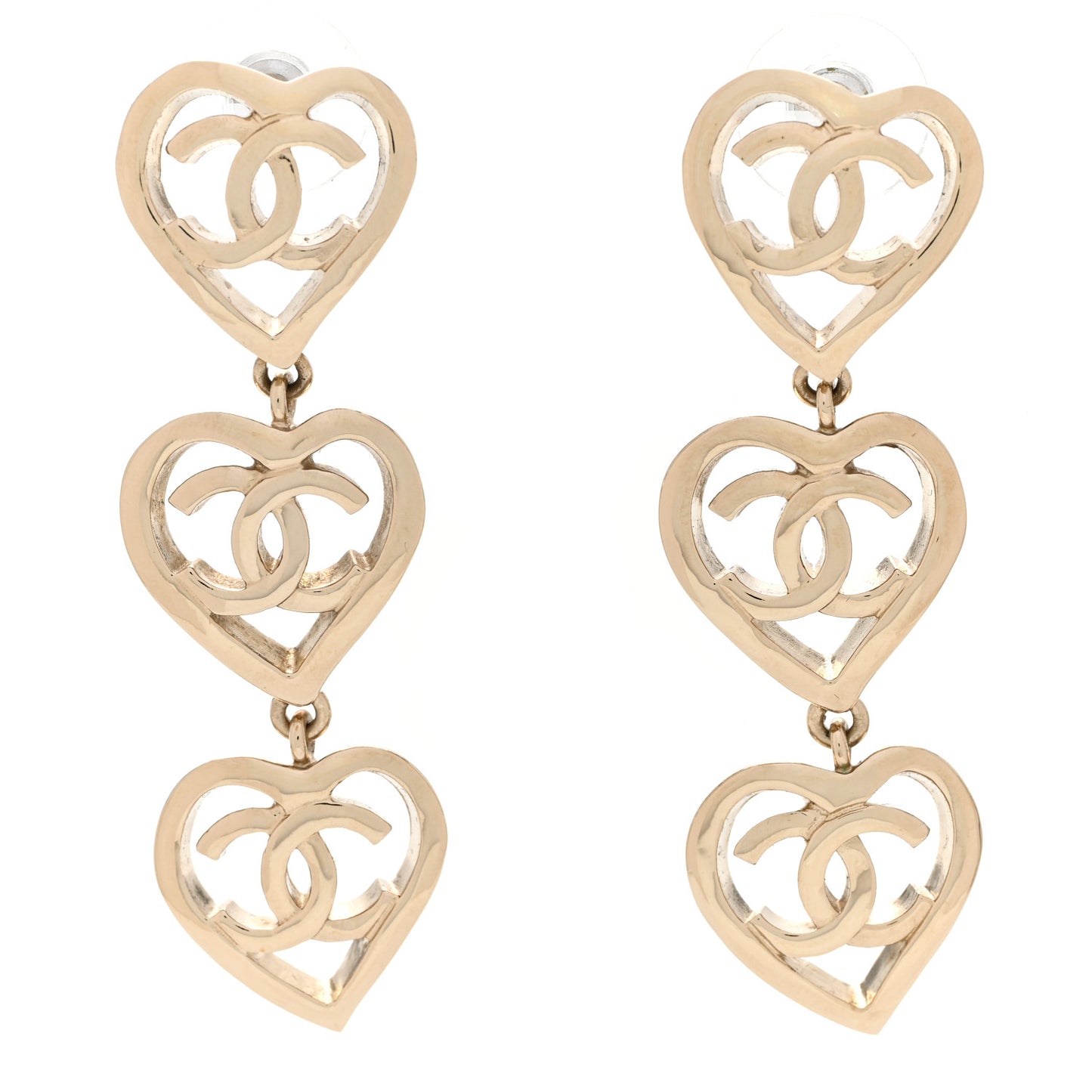 Metal CC Triple Heart Coco In Love Drop Earrings Gold