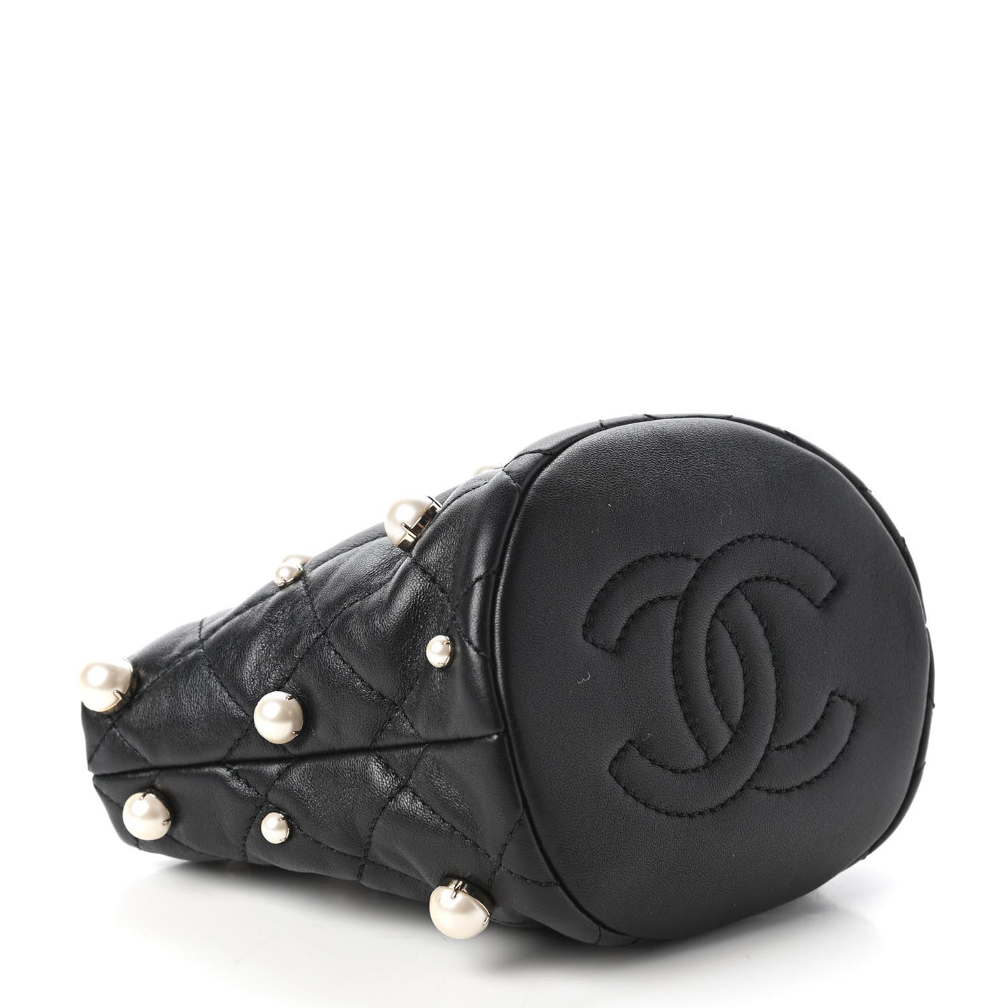 Lambskin Quilted Pearl Mini About Pearls Drawstring Bag Black