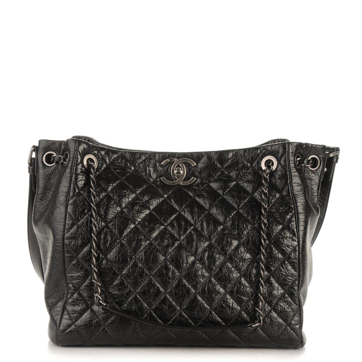 Glazed Calfskin Quilted Large Tote Black