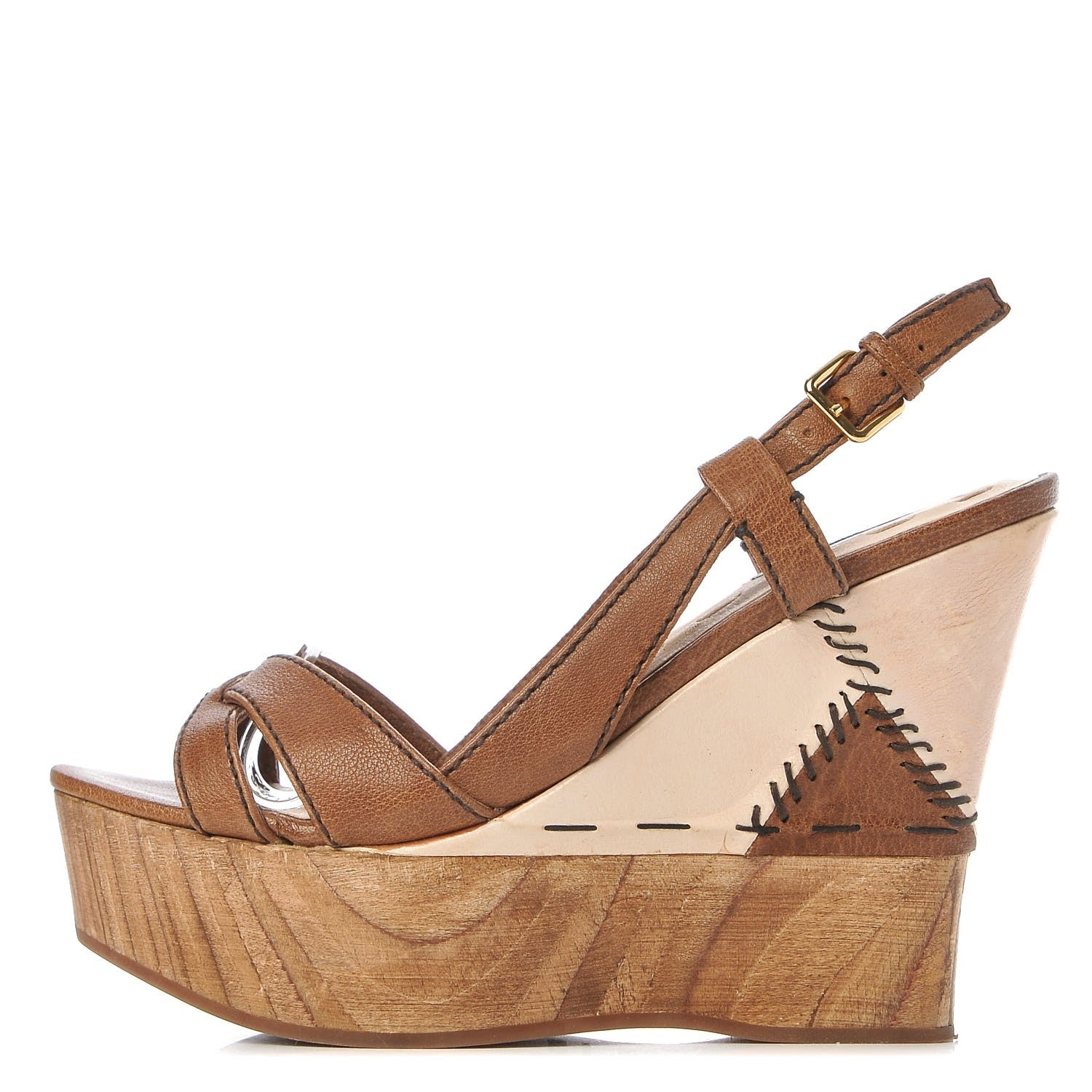 Miu Miu Calfskin Patchwork Wedge Sandals 34.5 Brown 1 of 13