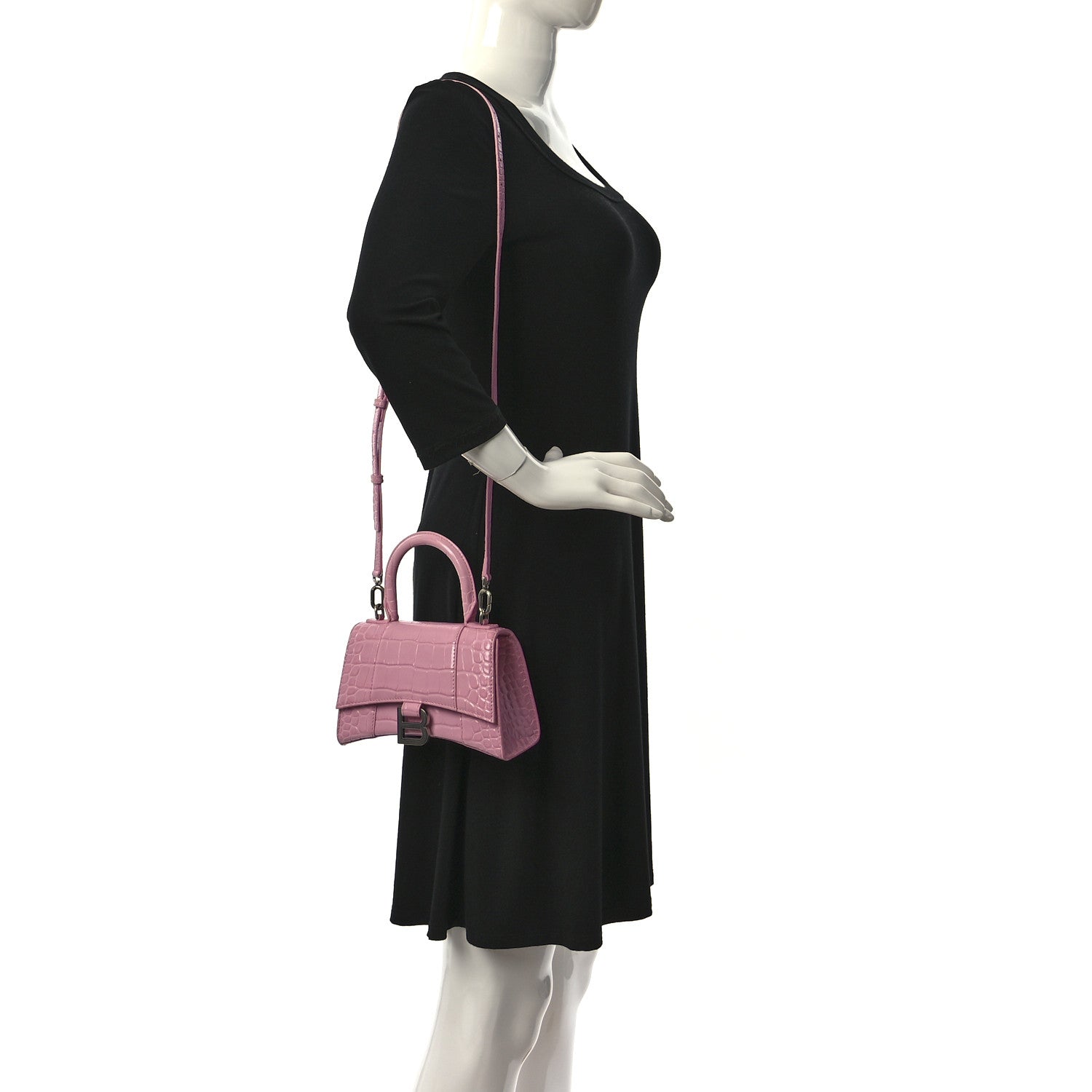 Balenciaga Shiny Calfskin Crocodile Embossed Hourglass Top Handle Bag XS Candy Pink 2 of 14