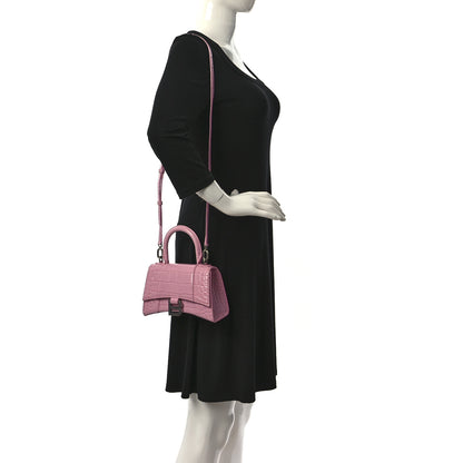 Balenciaga Shiny Calfskin Crocodile Embossed Hourglass Top Handle Bag XS Candy Pink 2 of 14