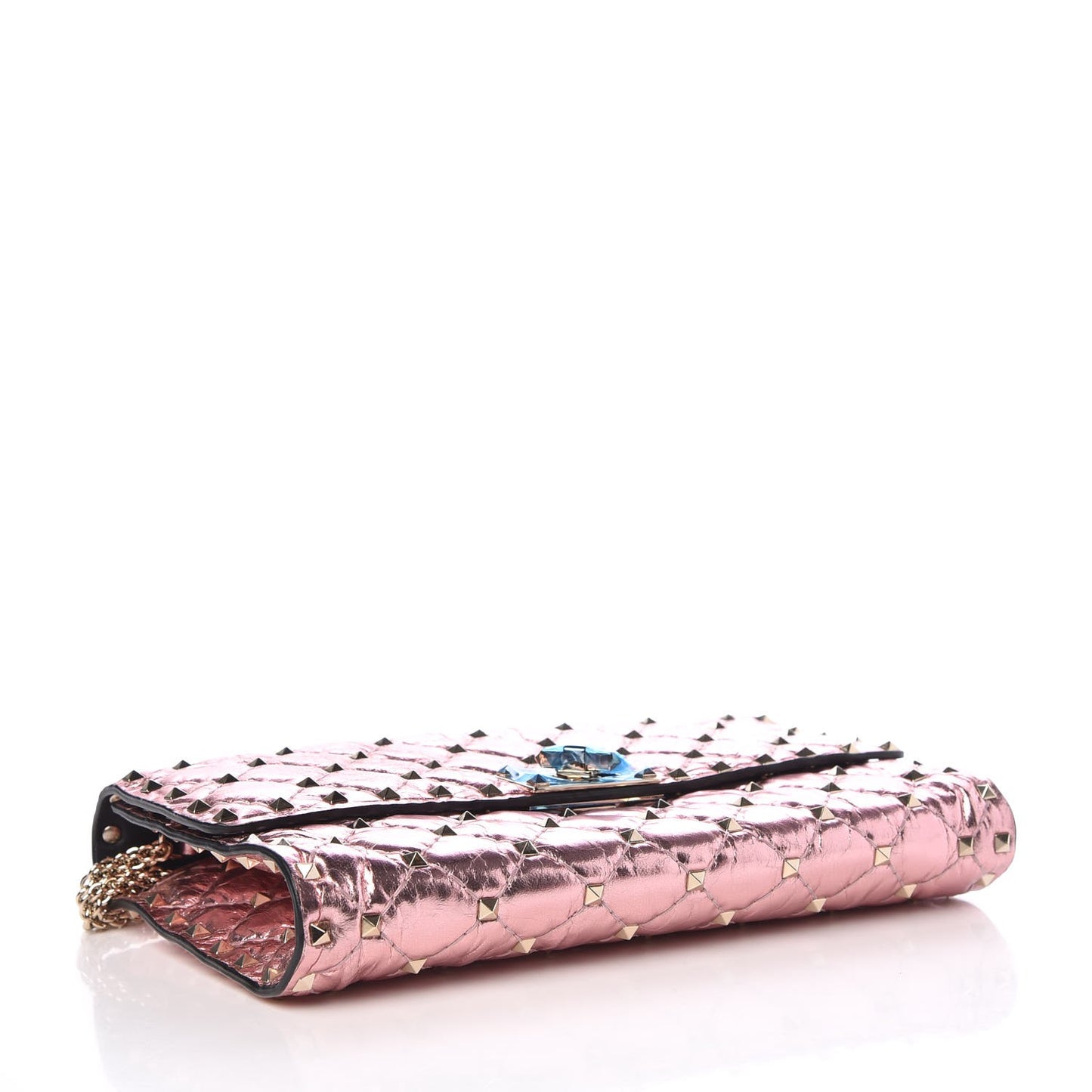 Metallic Wrinkled Lambskin Rockstud Spike Wallet on Chain Lipstick