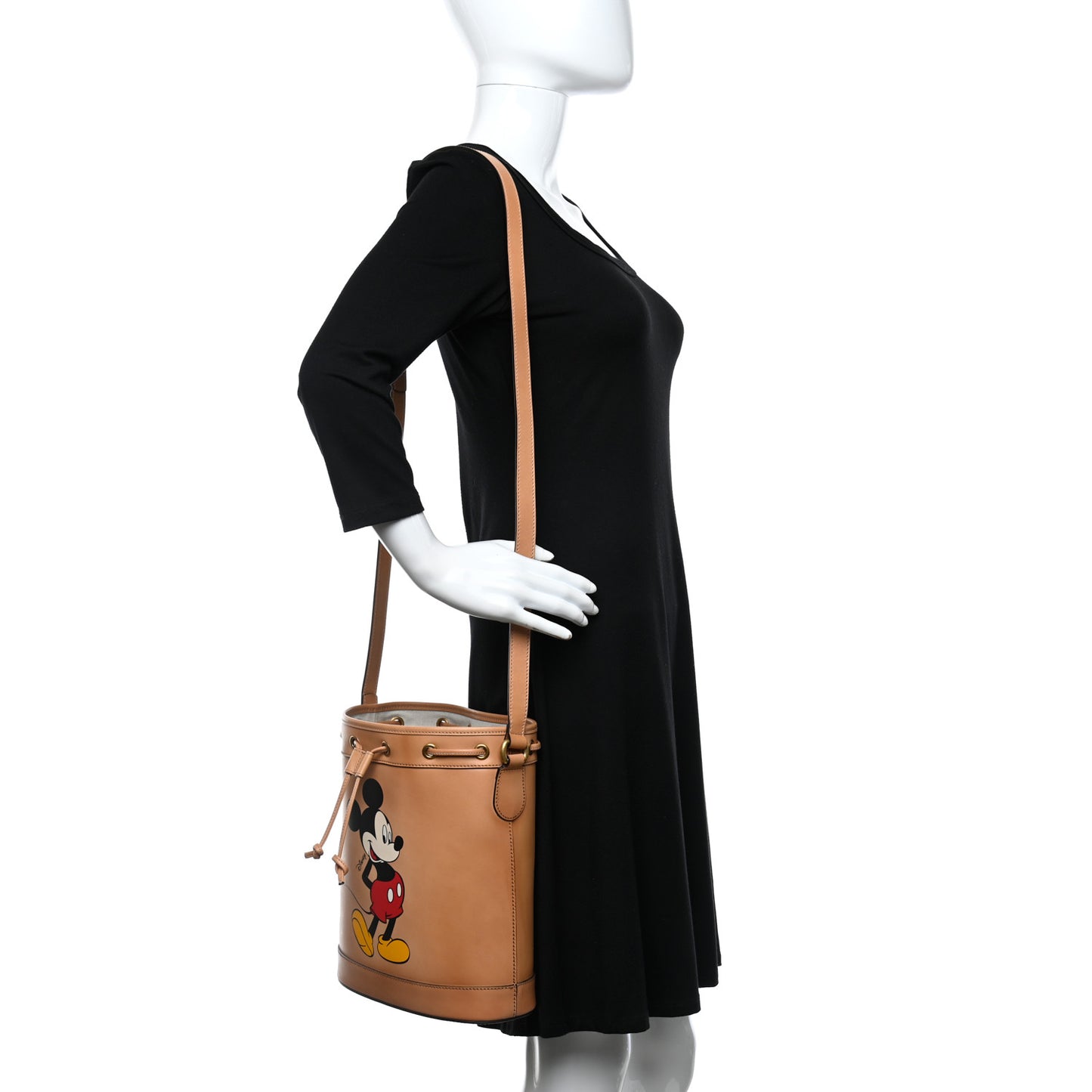 X DISNEY Calfskin Mickey Mouse Printed Bucket Bag Brown