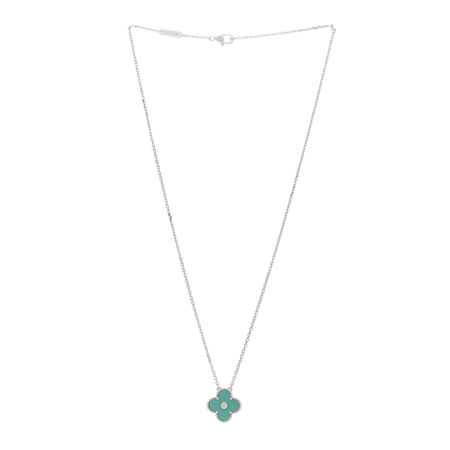 Van Cleef & Arpels 18K White Gold Diamond Celadon Green Sevres Porcelain Vintage Alhambra Pendant Necklace 3 of 5