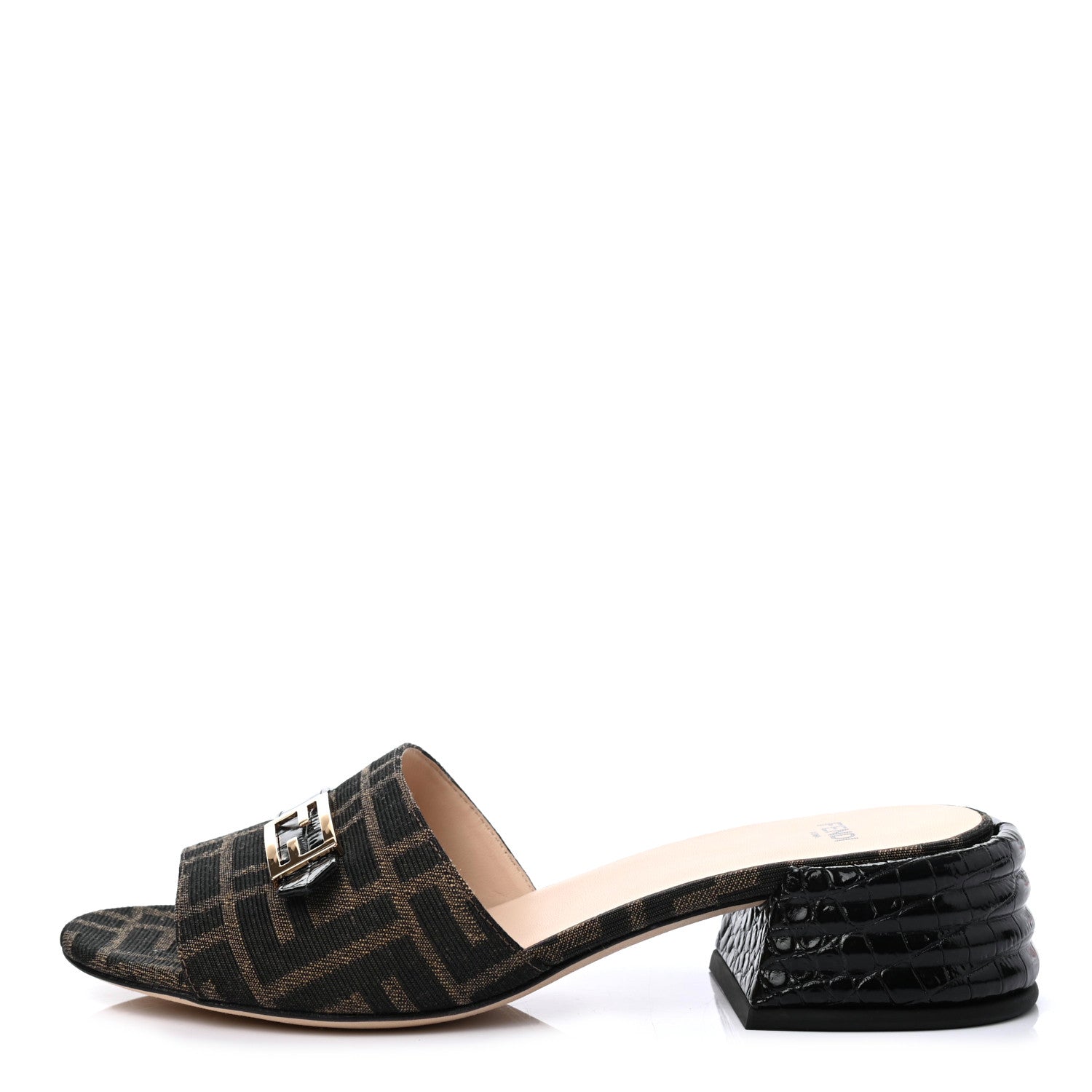Fendi Jacquard Calfskin FF Crocodile Embossed Promenade Slide Sandals 37 Tobacco Moro Black 1 of 4