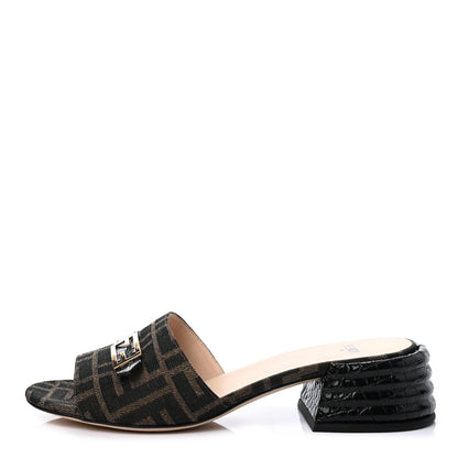 Fendi Jacquard Calfskin FF Crocodile Embossed Promenade Slide Sandals 37 Tobacco Moro Black 1 of 4