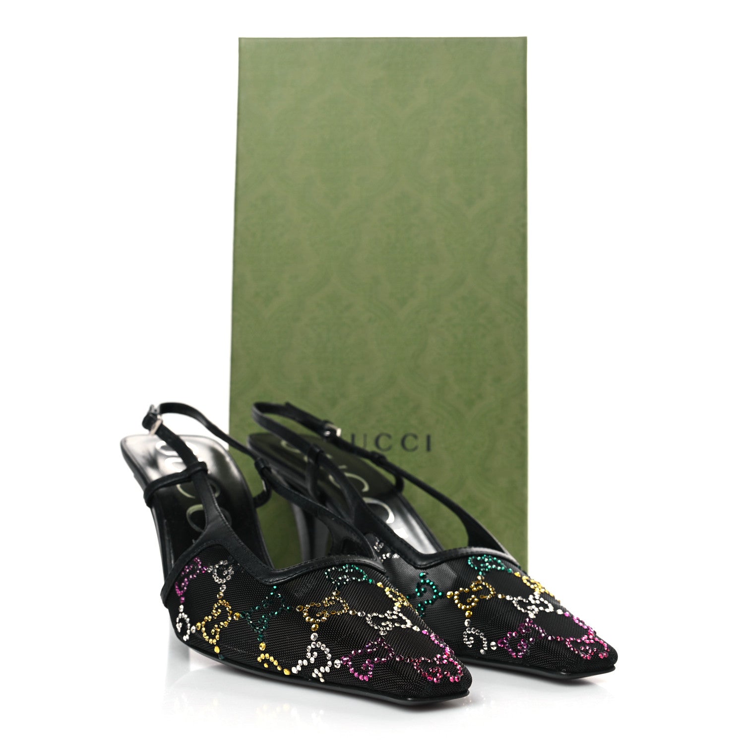 Gucci Tela Retino Nappa Charlotte Crystal GG Monogram Square G 75mm Slingback Pumps 38 Black 9 of 9