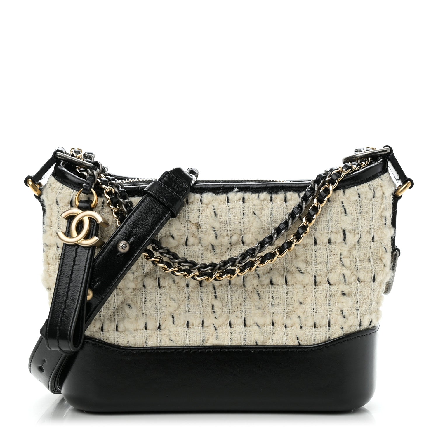 Chanel Tweed Calfskin Quilted Small Gabrielle Hobo Ivory Black