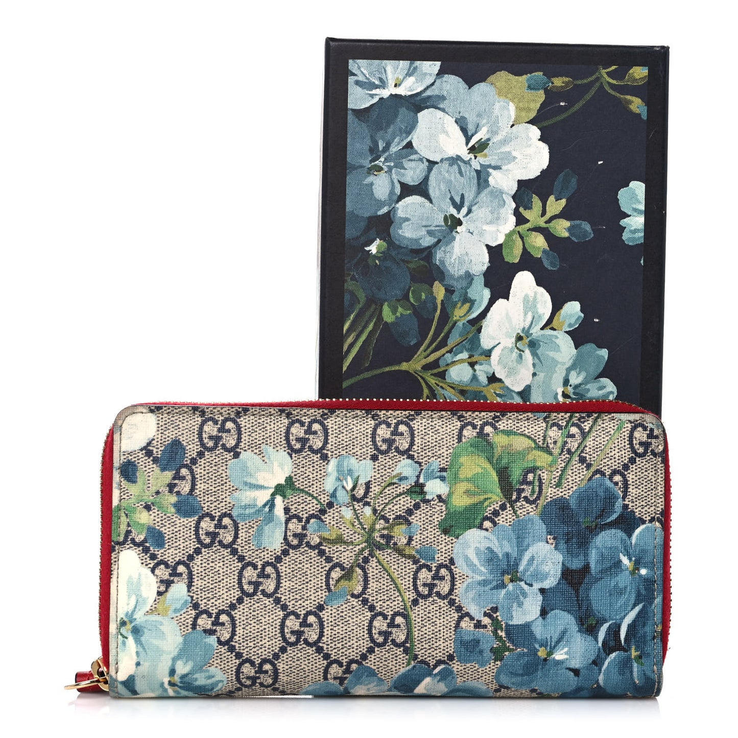 GG Supreme Monogram Blooms Zip Around Wallet Blue Red