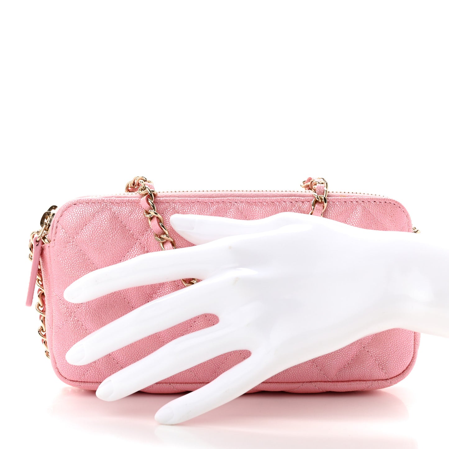 Iridescent Caviar Quilted Small Clutch With Chain Pink