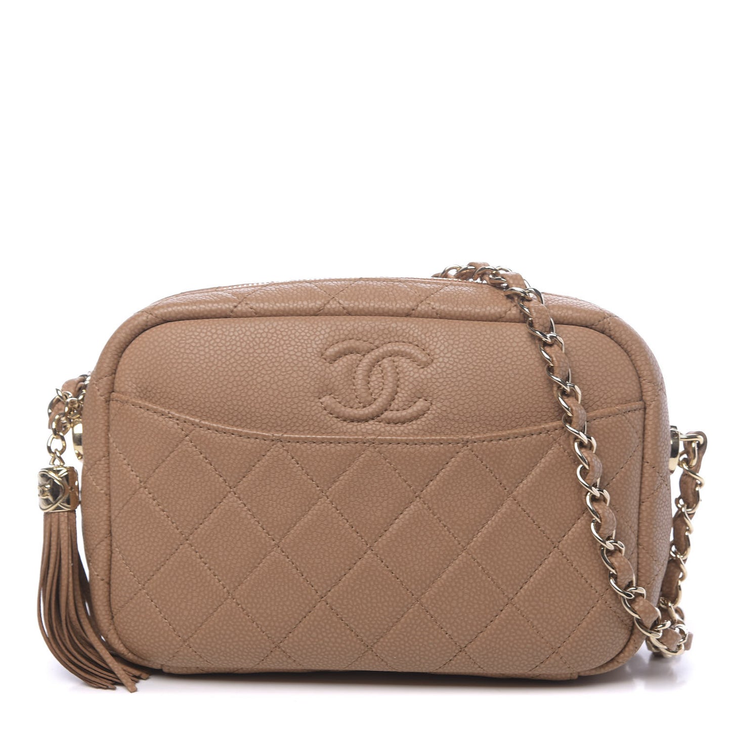 Iridescent Caviar Quilted Coco Tassel Camera Case Beige