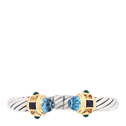 David Yurman Sterling Silver 14K Yellow Gold Blue Topaz Amethyst Green Tourmaline 10mm Cable Renaissance Bracelet 1 of 3