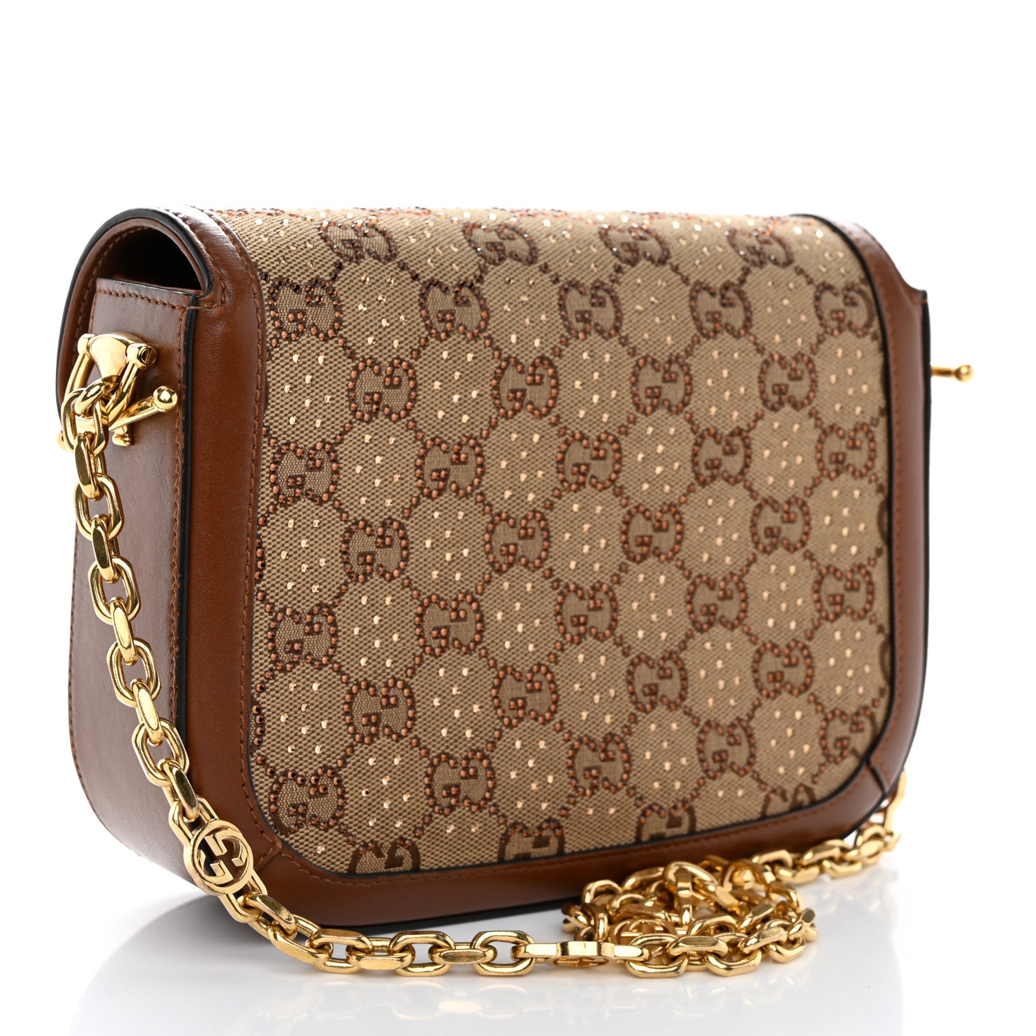 Gucci New Canvas Charisma Calfskin Crystal GG Monogram Mini Horsebit 1955 Shoulder Bag Camel Ebony 3 of 12