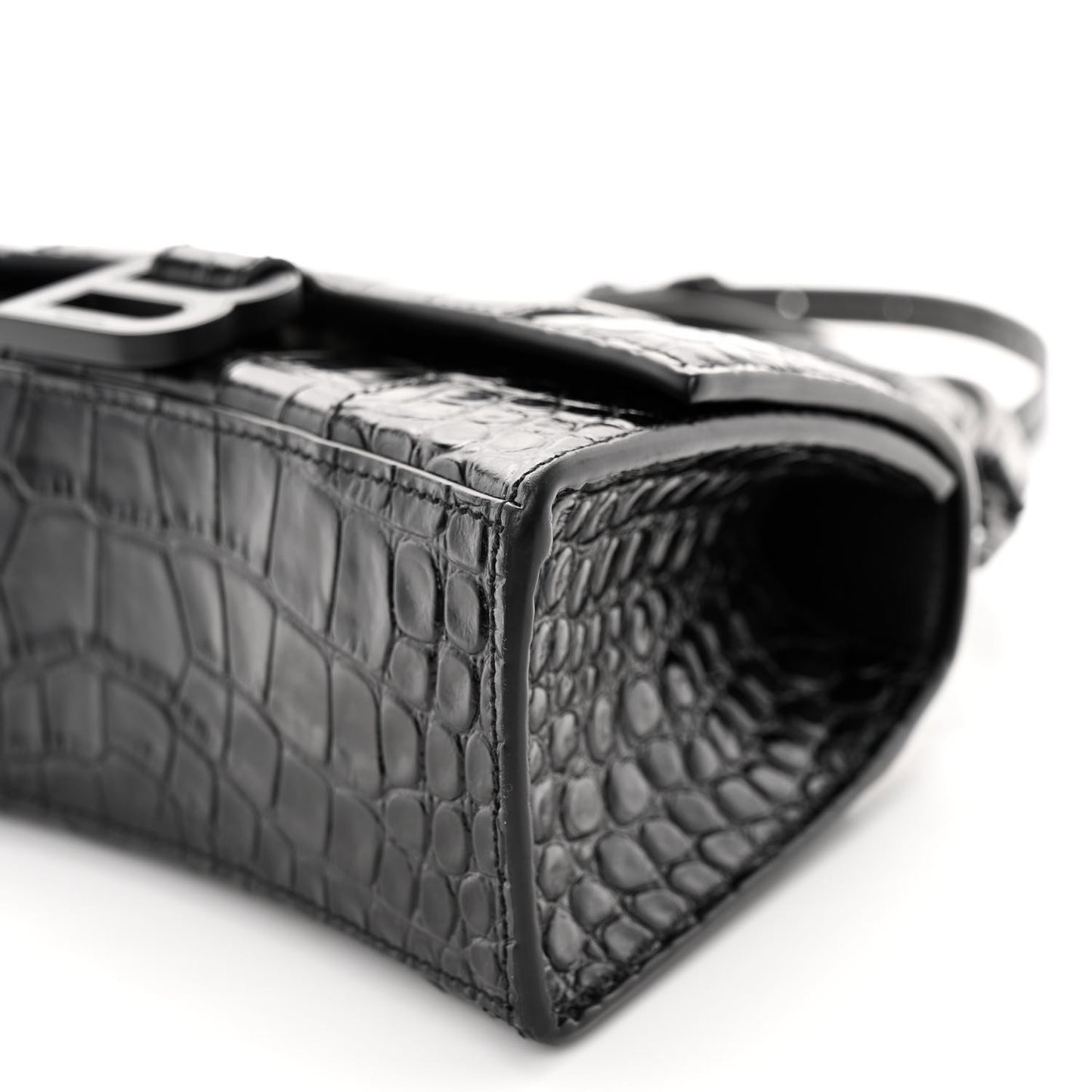Shiny Calfskin Monochrome Crocodile Embossed Hourglass Top Handle Bag XS Black