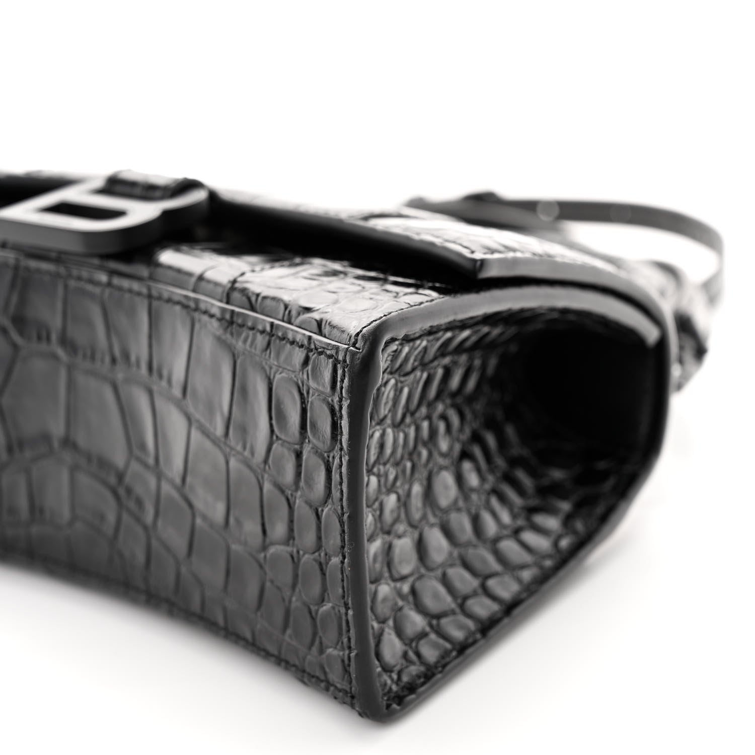 Balenciaga Shiny Calfskin Monochrome Crocodile Embossed Hourglass Top Handle Bag XS Black 9 of 10
