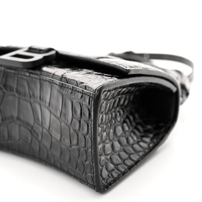 Balenciaga Shiny Calfskin Monochrome Crocodile Embossed Hourglass Top Handle Bag XS Black 9 of 10
