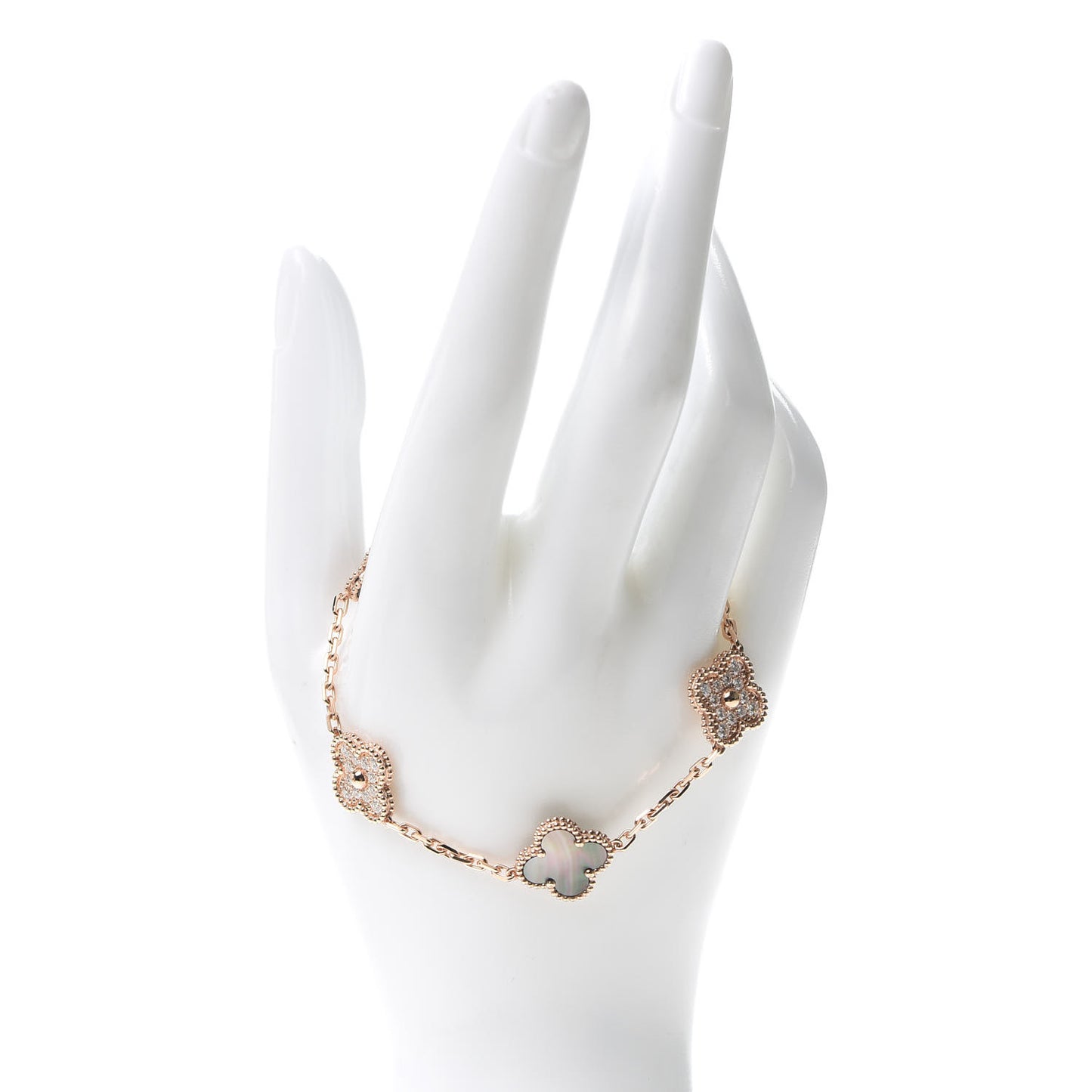 18K Rose Gold Diamond Gray Mother of Pearl 5 Motifs Vintage Alhambra Bracelet