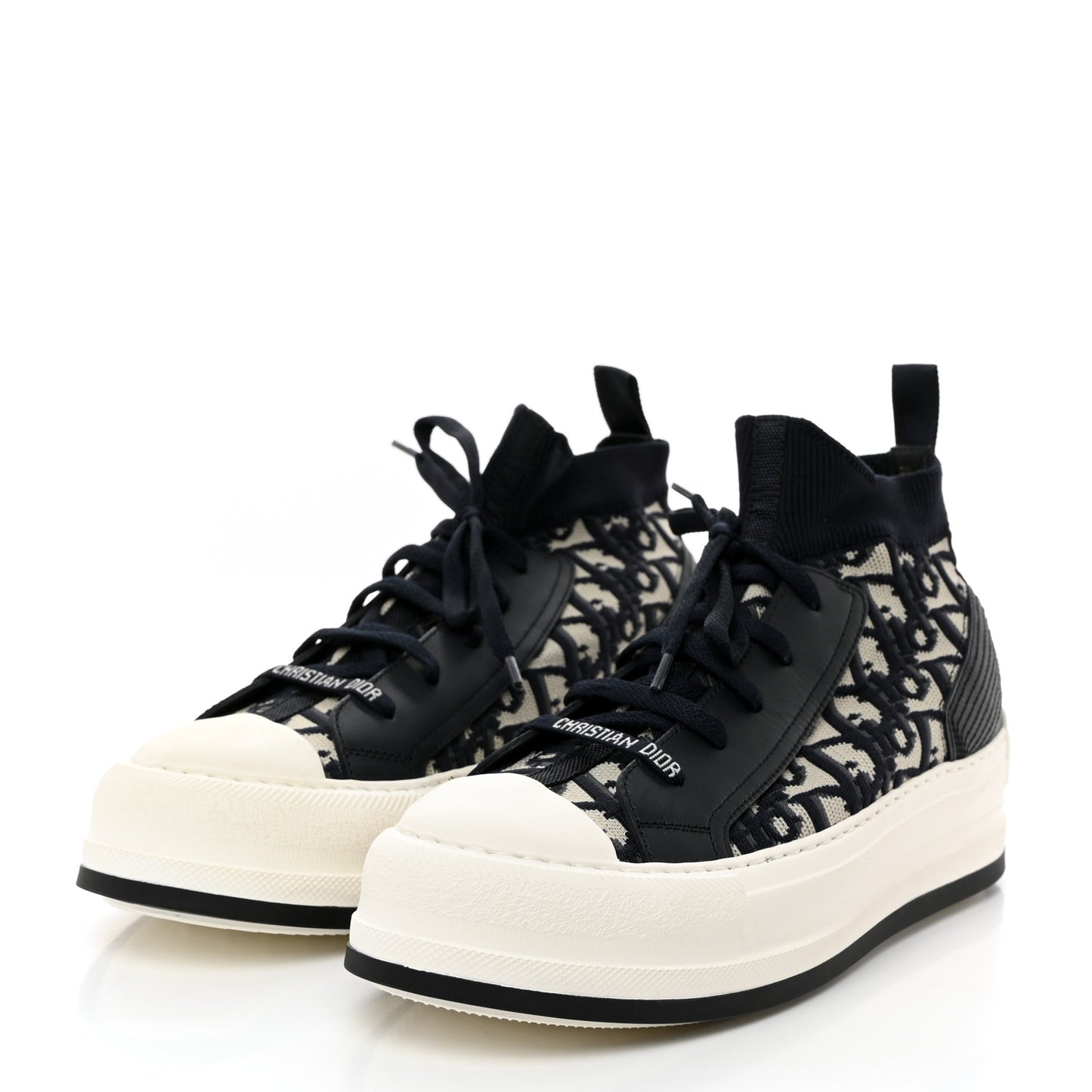 Technical Knit Calfskin Oblique Womens Walk'n Dior Mid Top Sneakers 38.5 Deep Blue