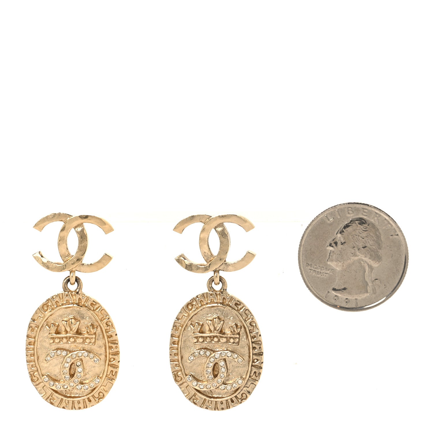 Chanel Crystal CC Medallion Drop Earrings Gold 2 of 4
